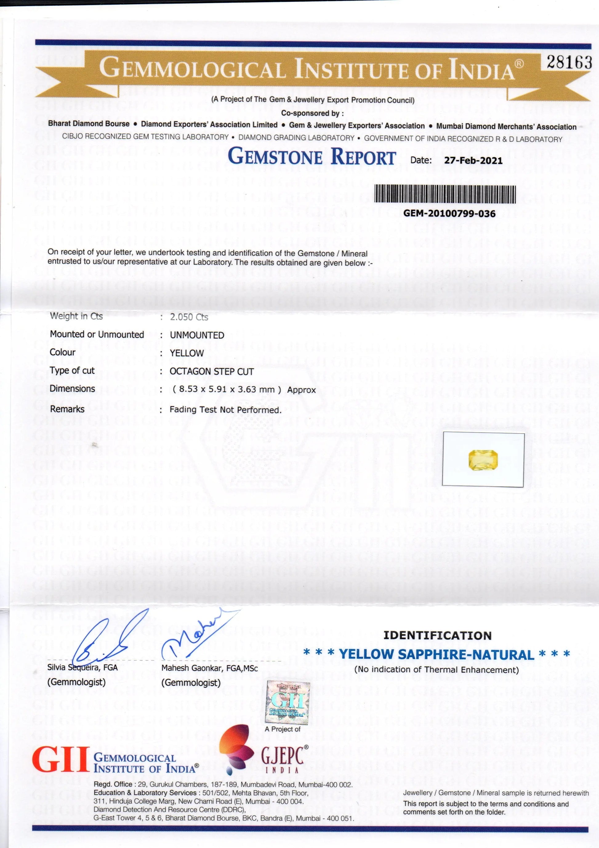 2.05 Ct GII Certified Unheated Untreated Natural Ceylon Yellow Sapphire AA