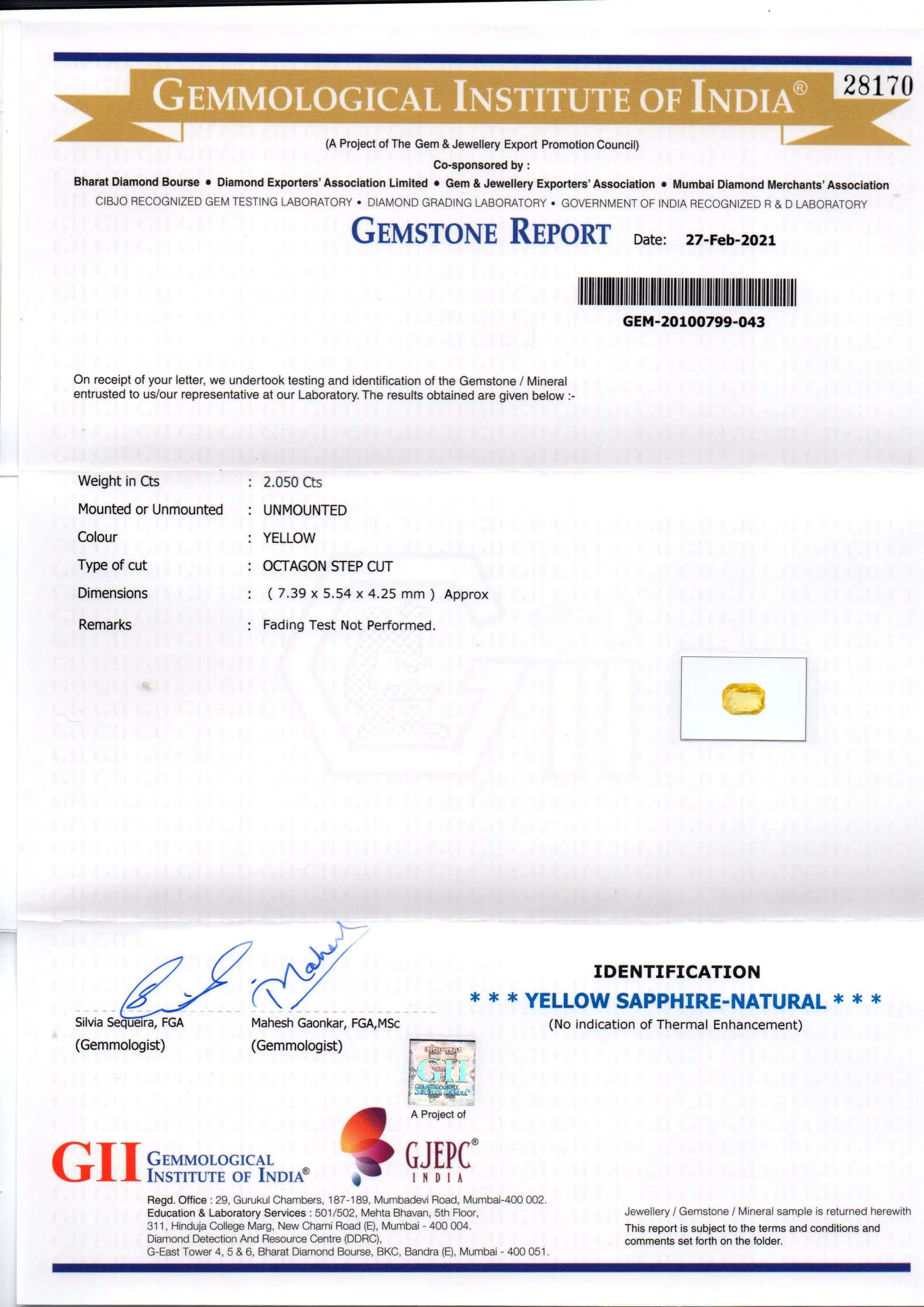 2.05 Ct GII Certified Unheated Untreated Natural Ceylon Yellow Sapphire AAA