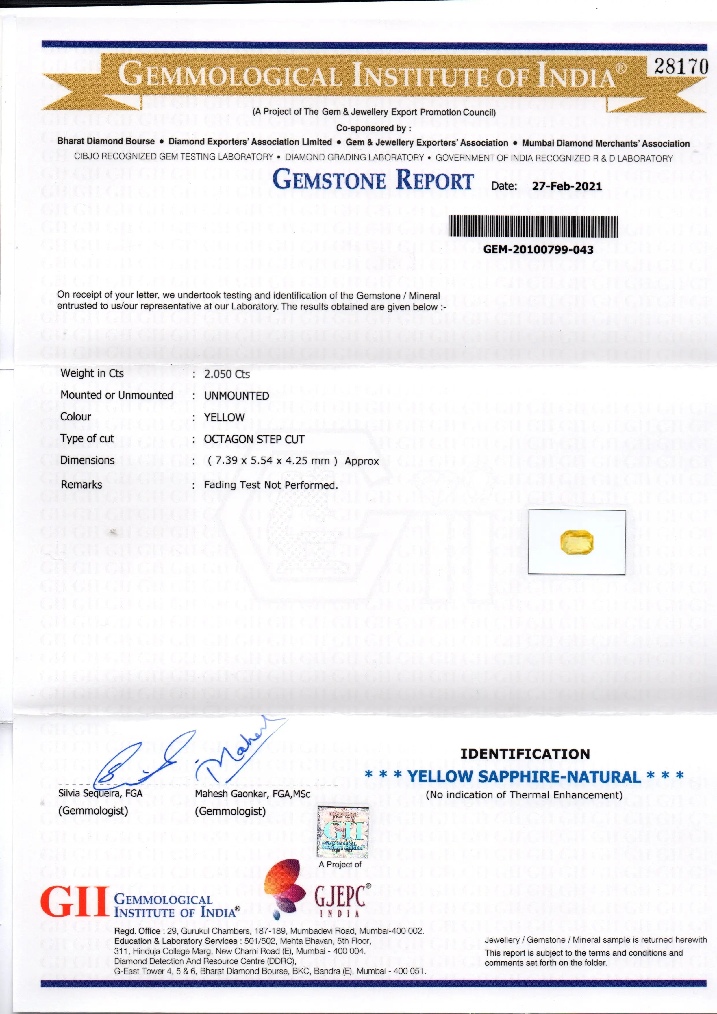 2.05 Ct GII Certified Unheated Untreated Natural Ceylon Yellow Sapphire AAA