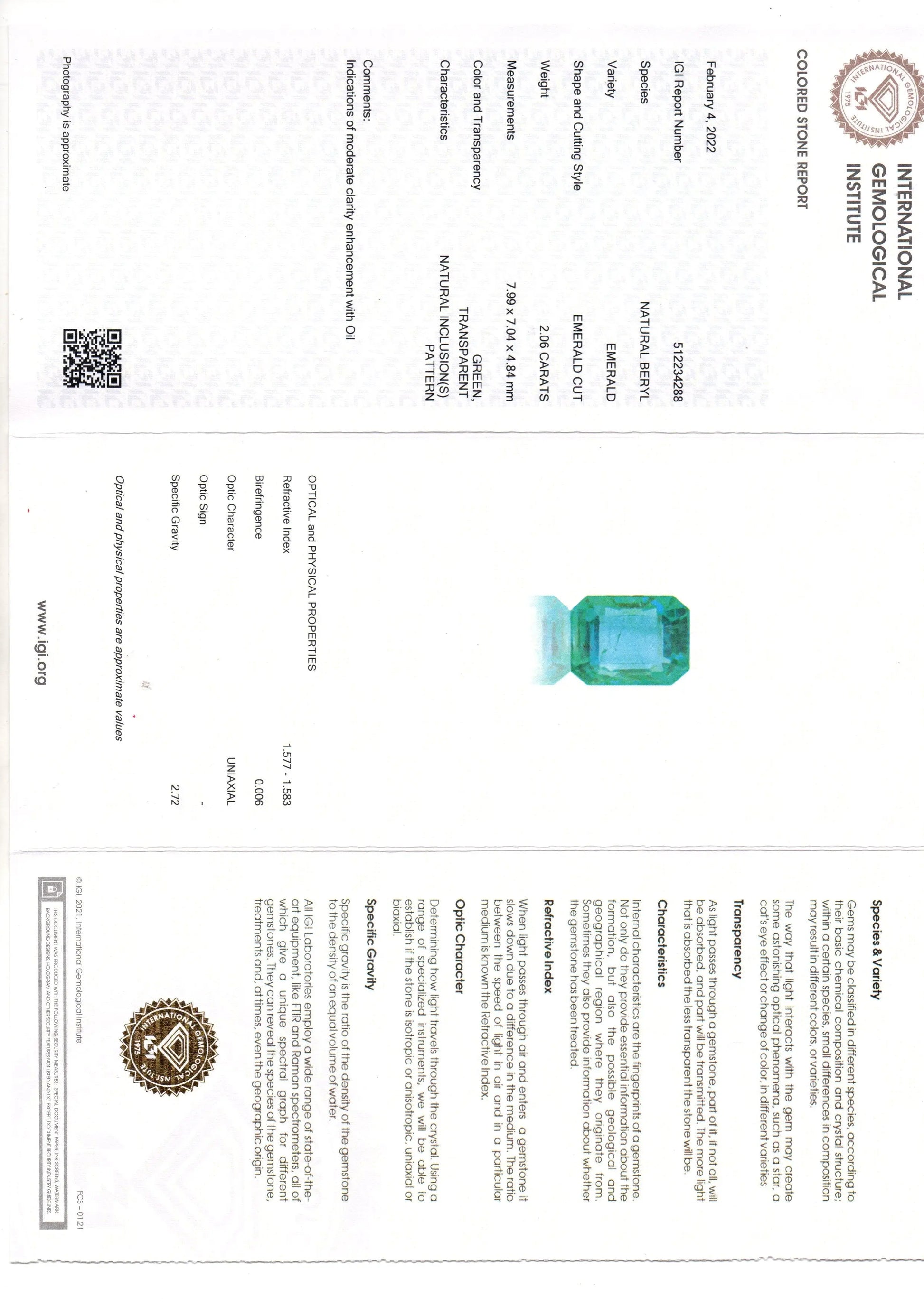 2.06 Ct IGI Certified Untreated Natural Zambian Emerald Gemstone AAA