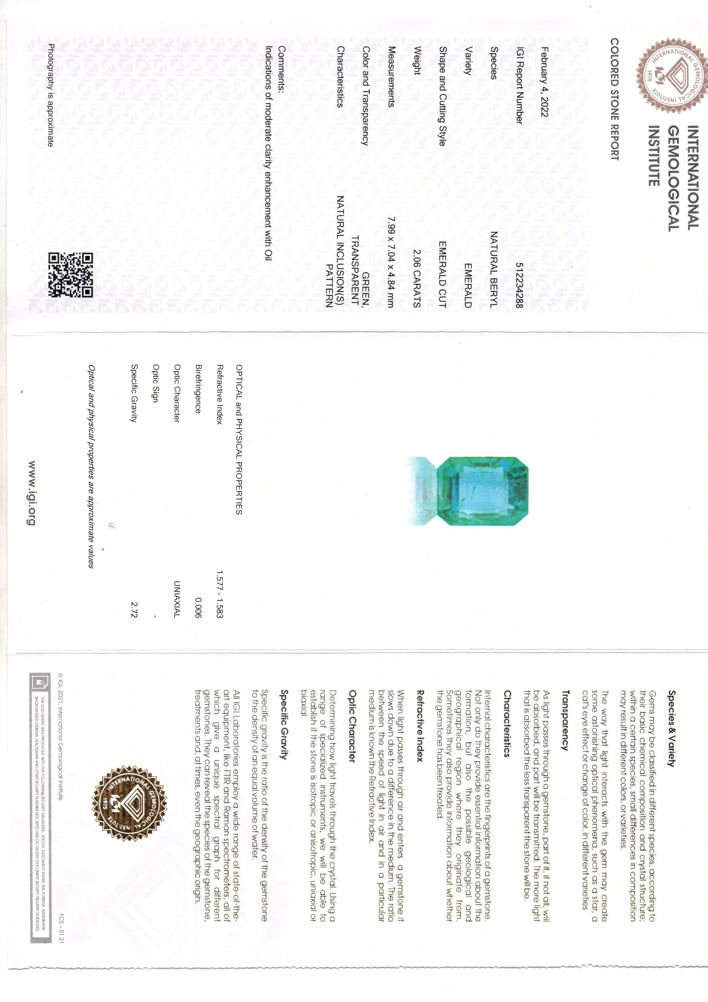 2.06 Ct IGI Certified Untreated Natural Zambian Emerald Gemstone AAA