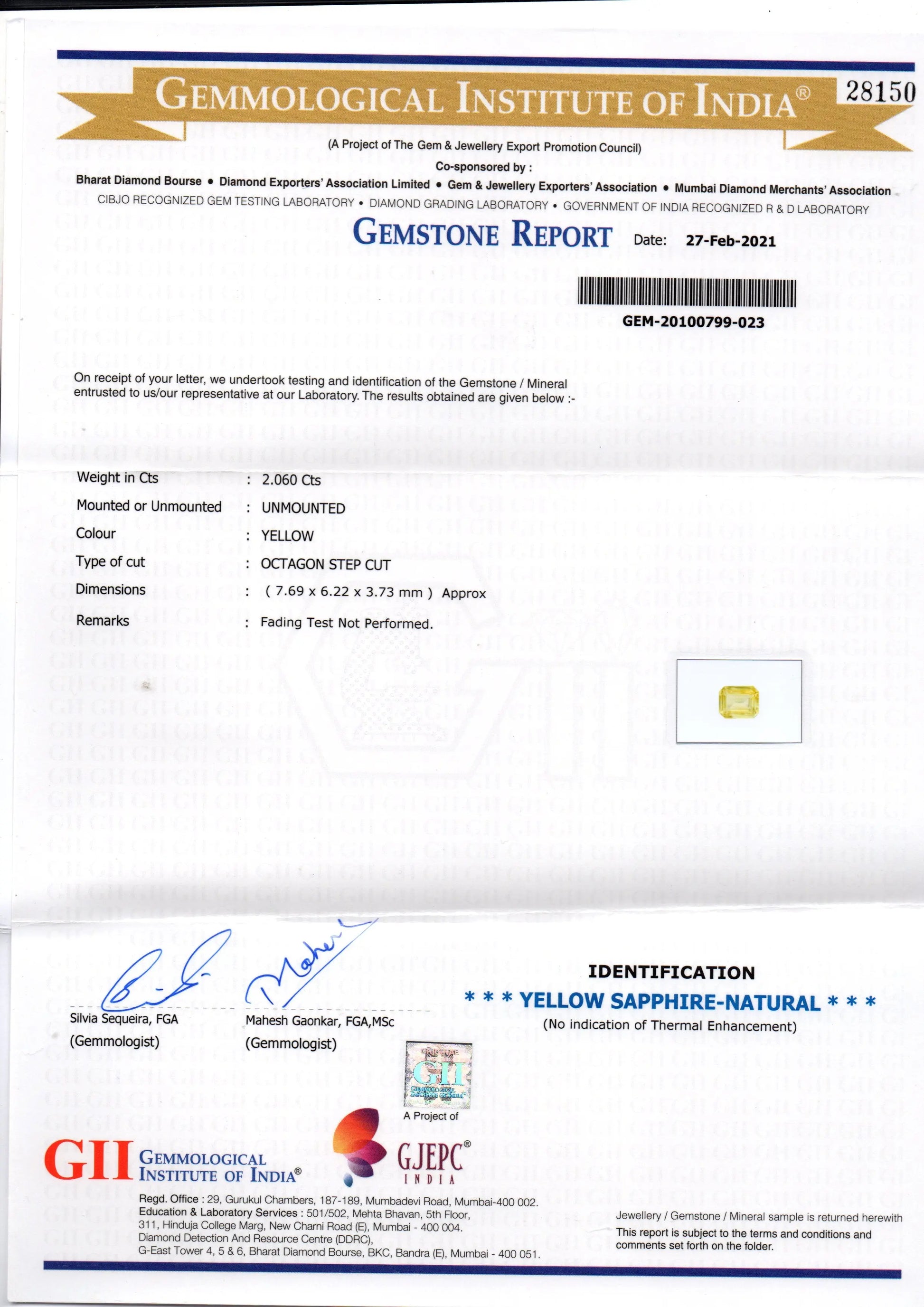 2.06 Ct GII Certified Unheated Untreated Natural Ceylon Yellow Sapphire AAA