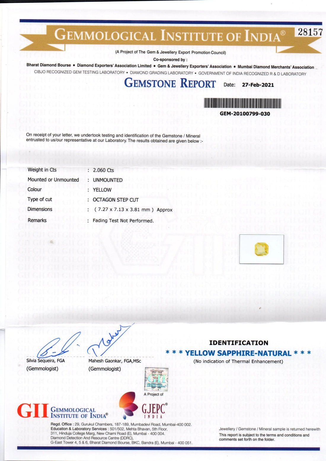 2.06 Ct GII Certified Unheated Untreated Natural Ceylon Yellow Sapphire AA