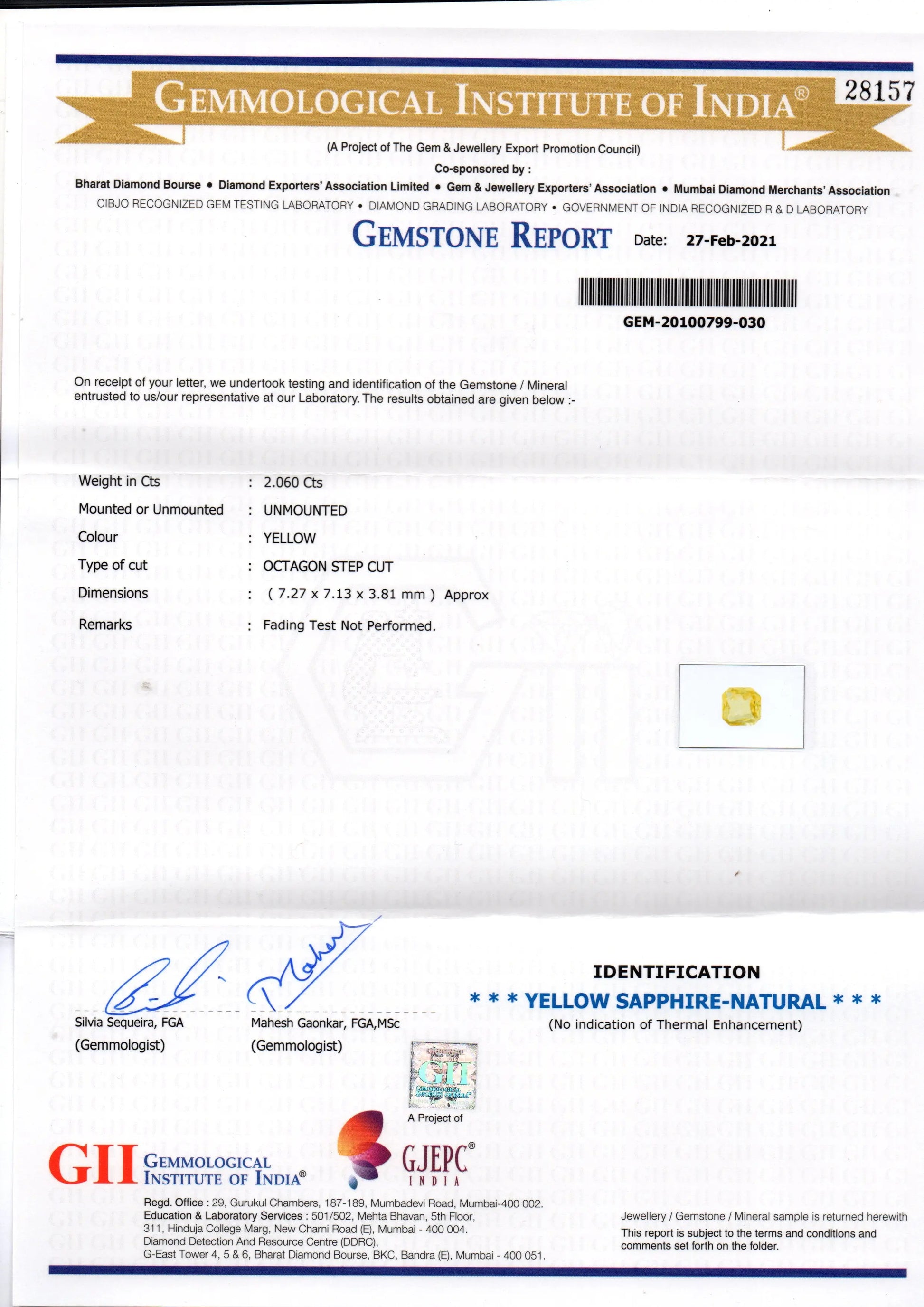 2.06 Ct GII Certified Unheated Untreated Natural Ceylon Yellow Sapphire AA