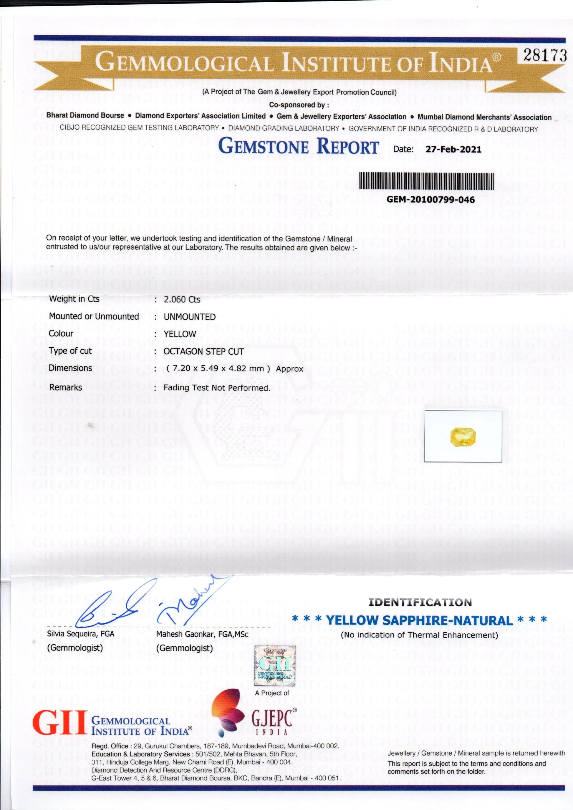 2.06 Ct GII Certified Unheated Untreated Natural Ceylon Yellow Sapphire AAA