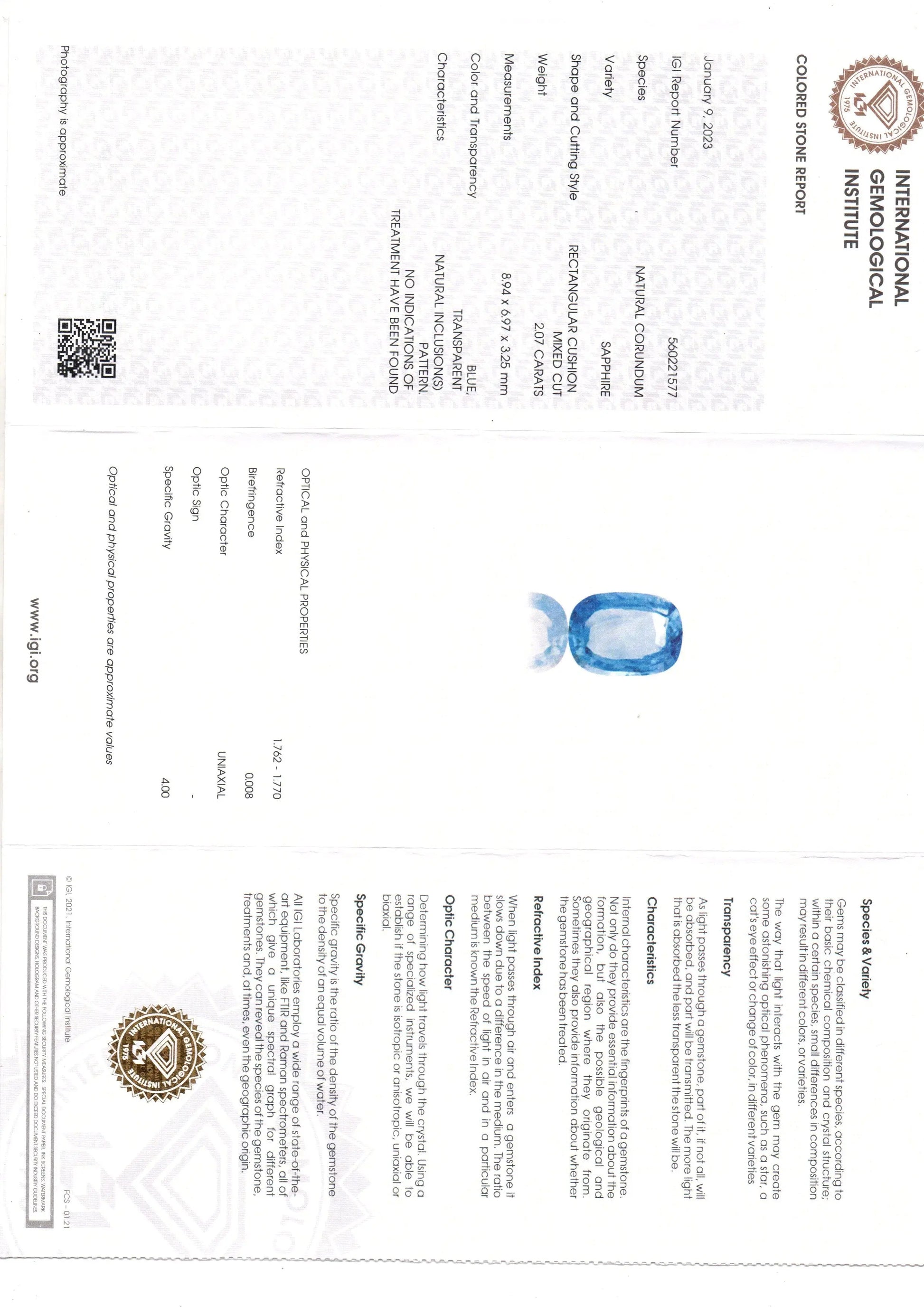 2.07 Ct IGI Certified Unheaated Untreated Natural Ceylon Blue Sapphire AA