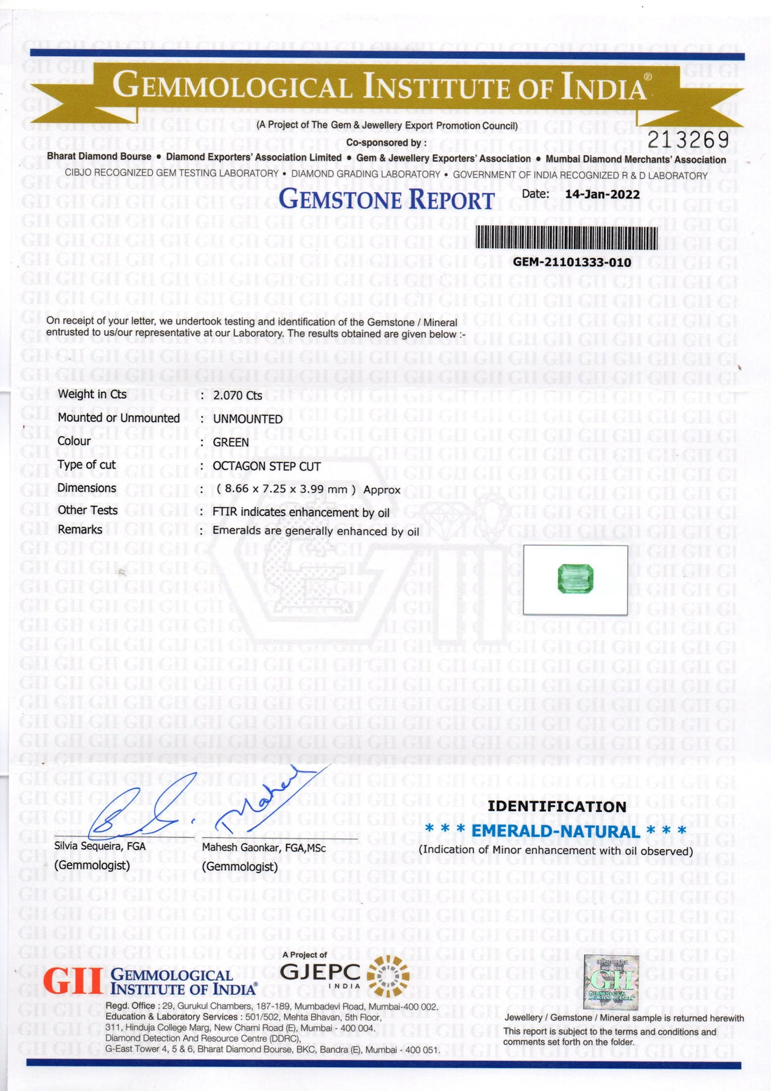 2.07 Ct GII Certified Untreated Natural Zambian Emerald Gemstone