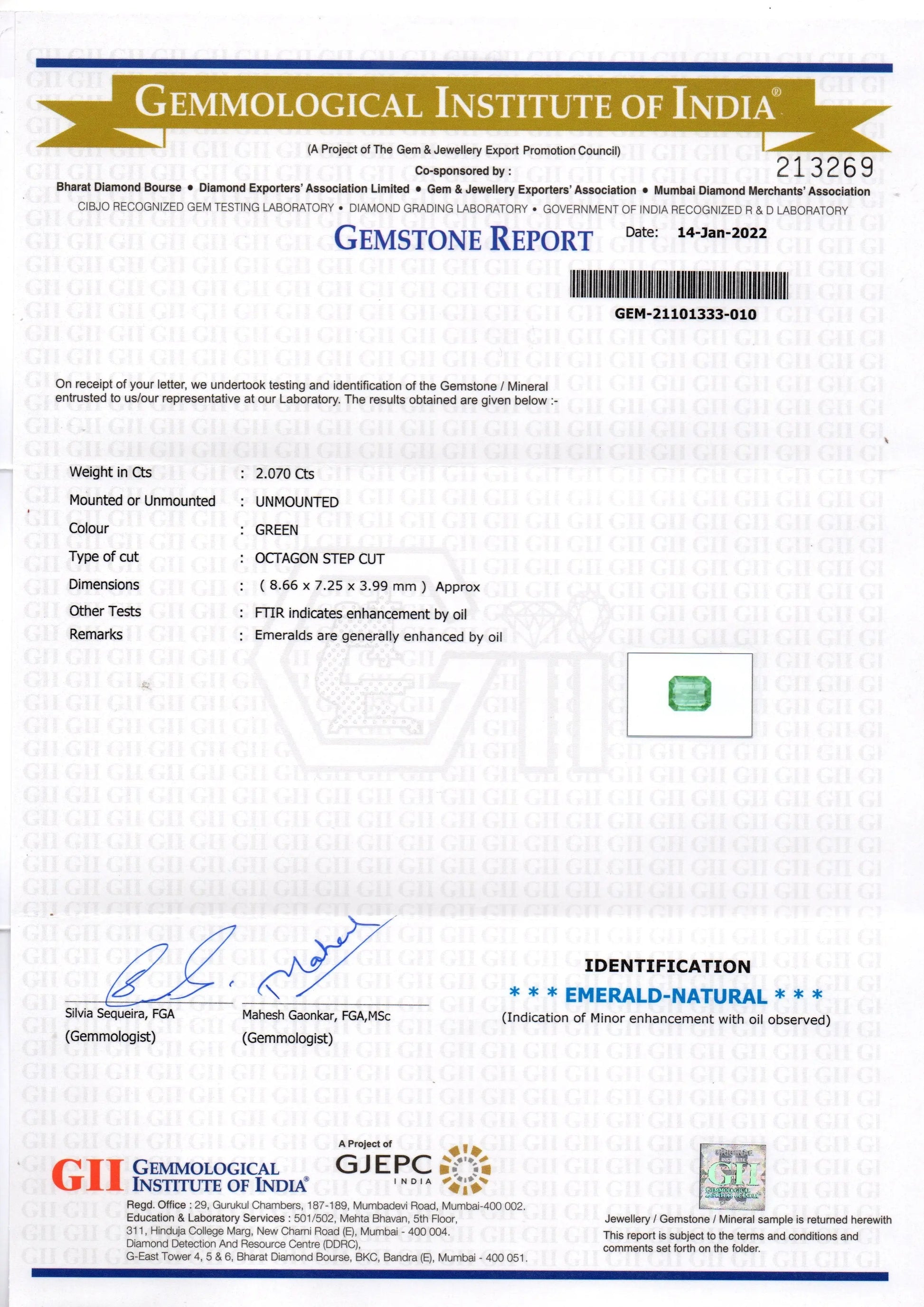 2.07 Ct GII Certified Untreated Natural Zambian Emerald Gemstone