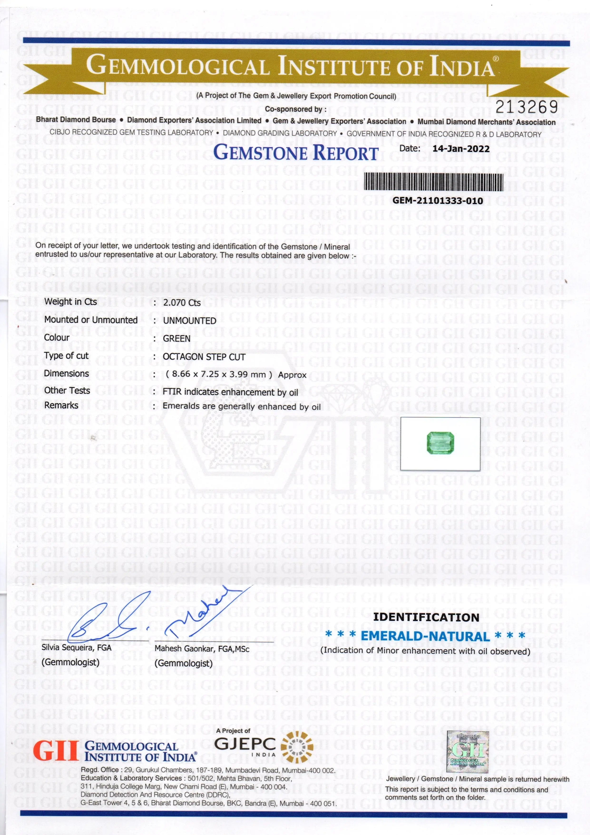 2.07 Ct GII Certified Untreated Natural Zambian Emerald Gemstone