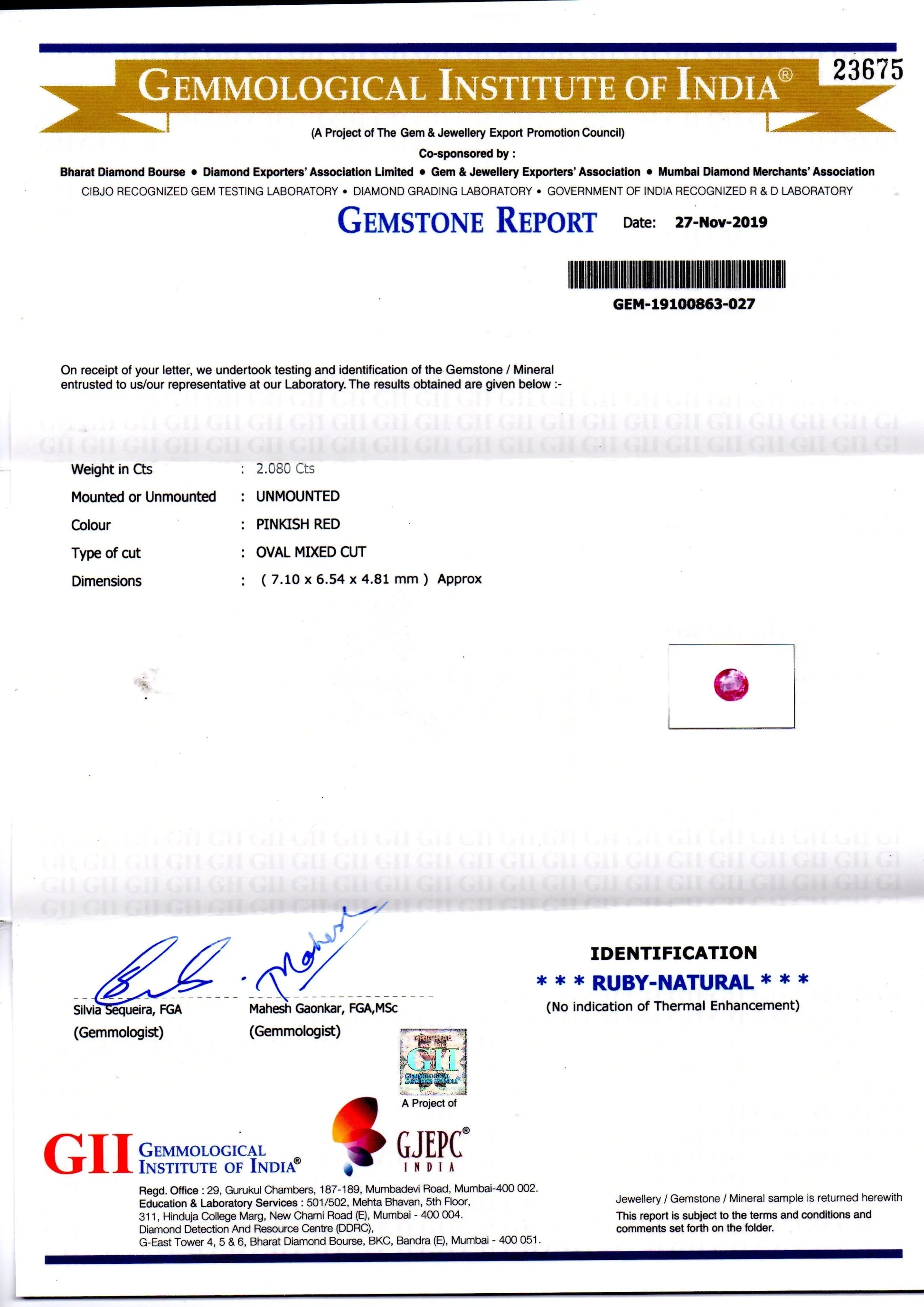 2.08 Ct GII Certified Unheated Untreated Natural Madagaskar Ruby