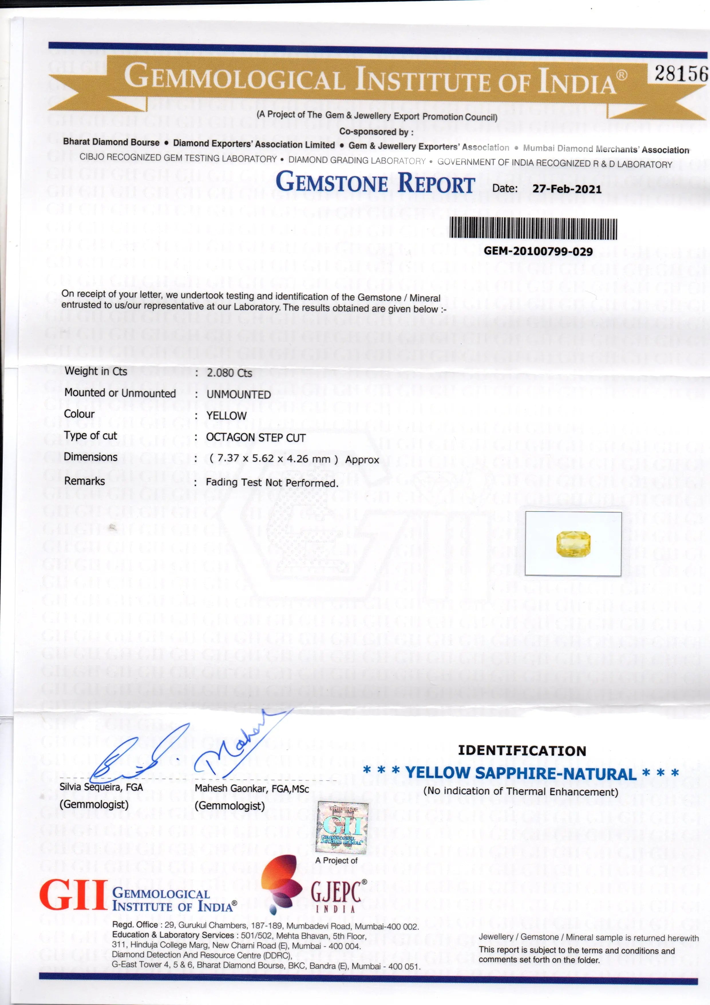2.08 Ct Gii Certified Unheated Untreated Natural Ceylon Yellow Sapphire AAA