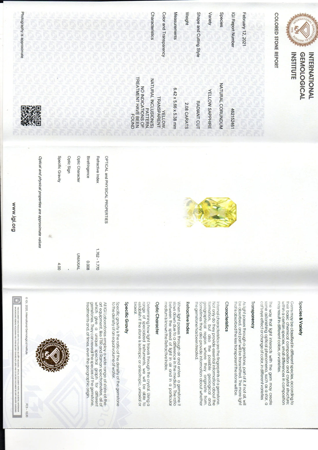 2.08 Ct IGI Certified Unheated Untreated Natural Ceylon Yellow Sapphire