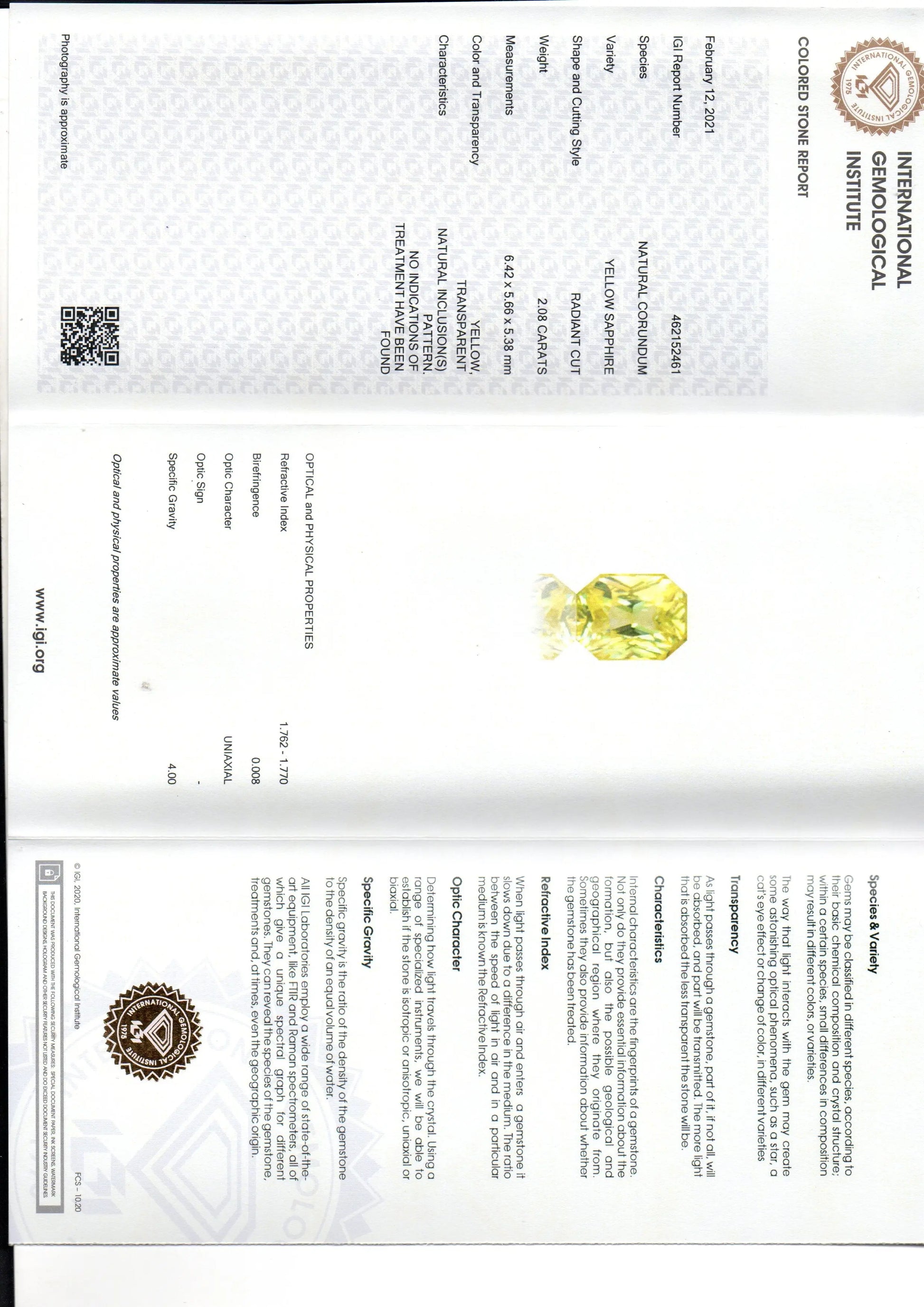 2.08 Ct IGI Certified Unheated Untreated Natural Ceylon Yellow Sapphire