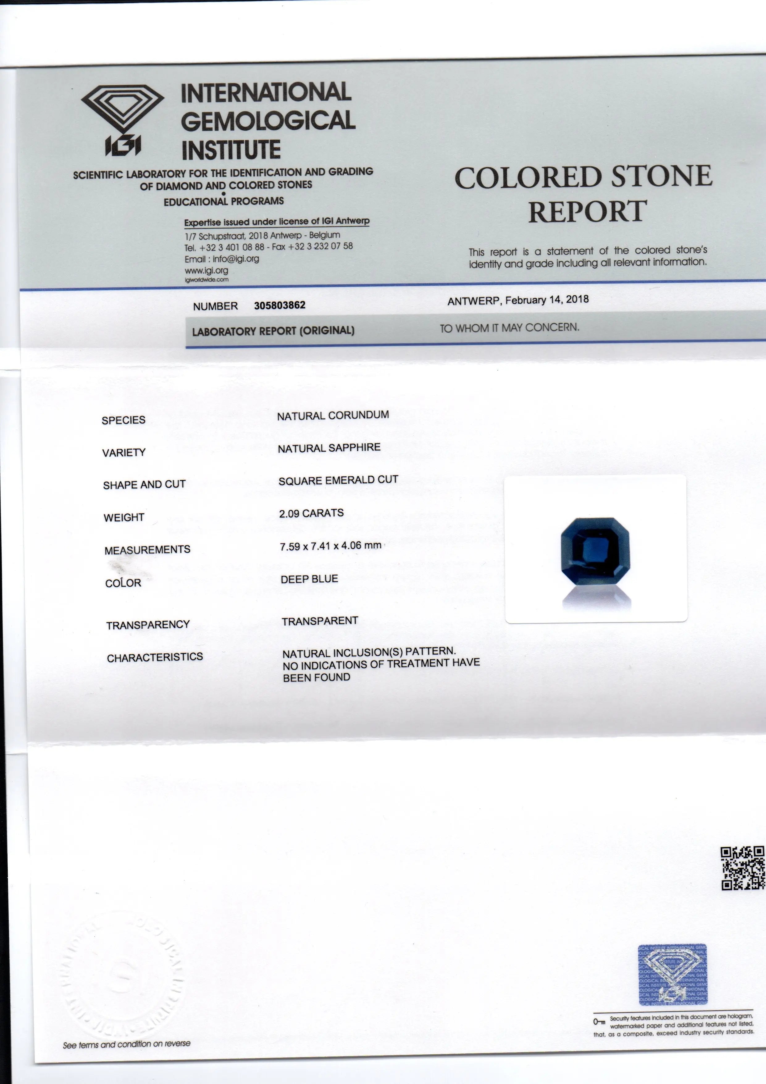 2.09 Ct IGI Certified Unheated Untreated Natural Ceylon Deep Blue Sapphire