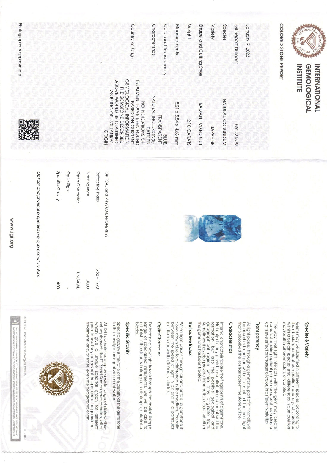 2.10 Ct IGI Certified Unheaated Untreated Natural Ceylon Blue Sapphire AA