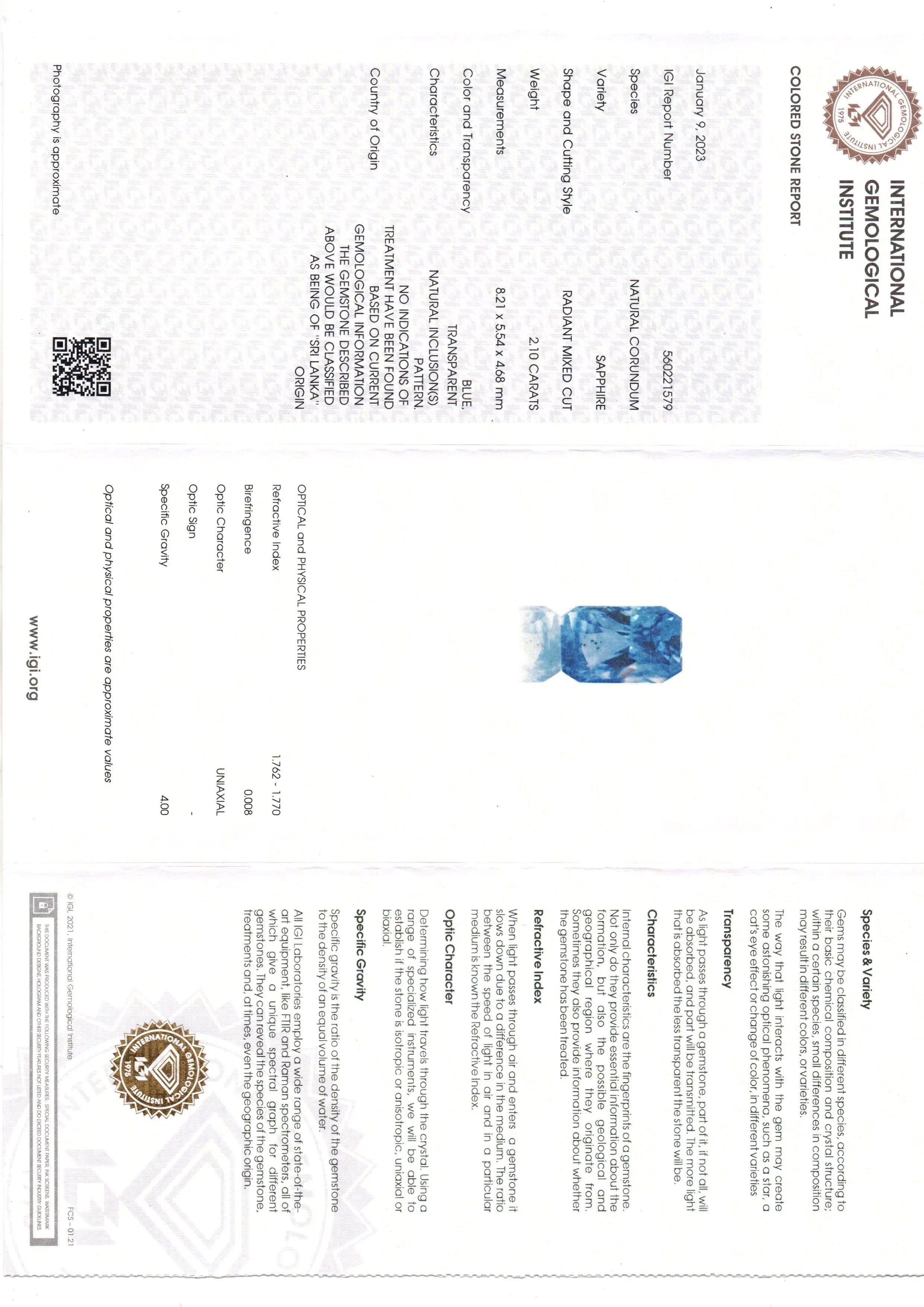 2.10 Ct IGI Certified Unheaated Untreated Natural Ceylon Blue Sapphire AA