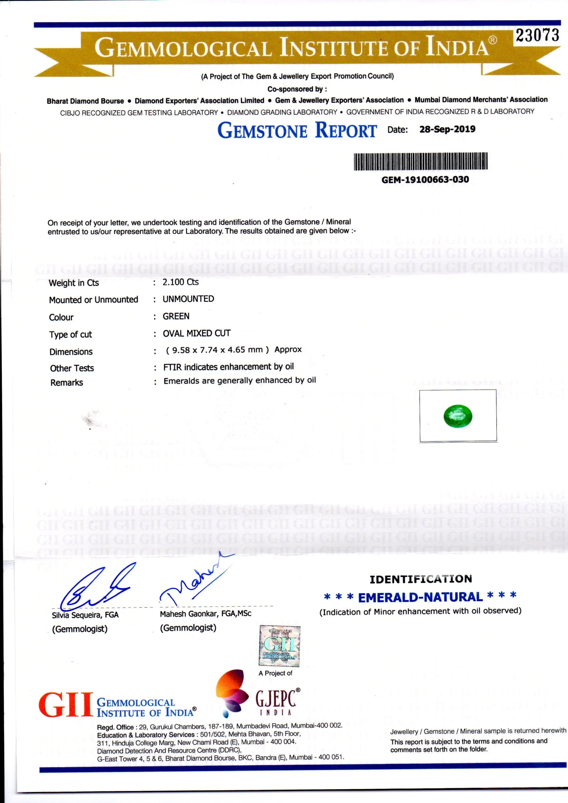 2.10 Ct GII Certified Untreated Natural Zambian Emerald Gemstone AA