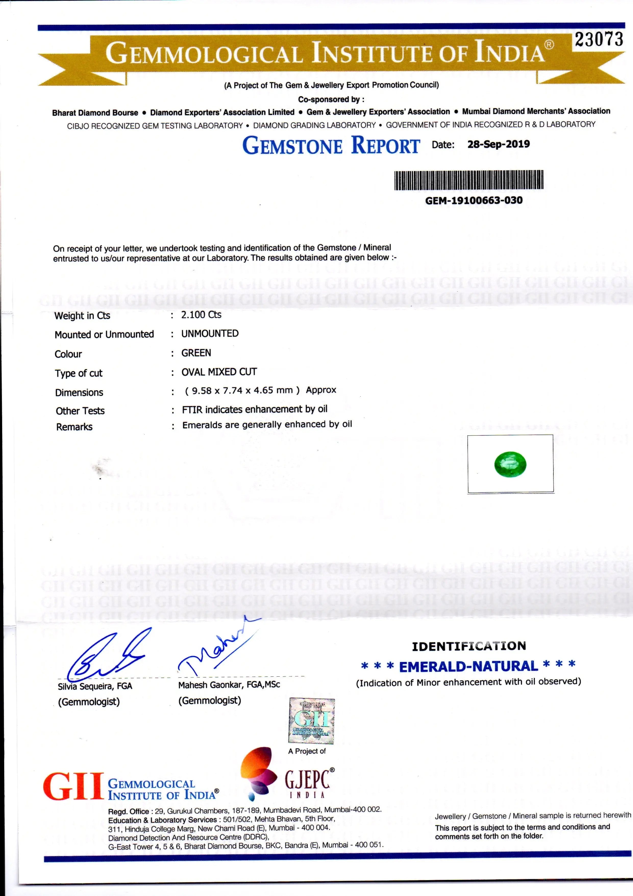2.10 Ct GII Certified Untreated Natural Zambian Emerald Gemstone AA