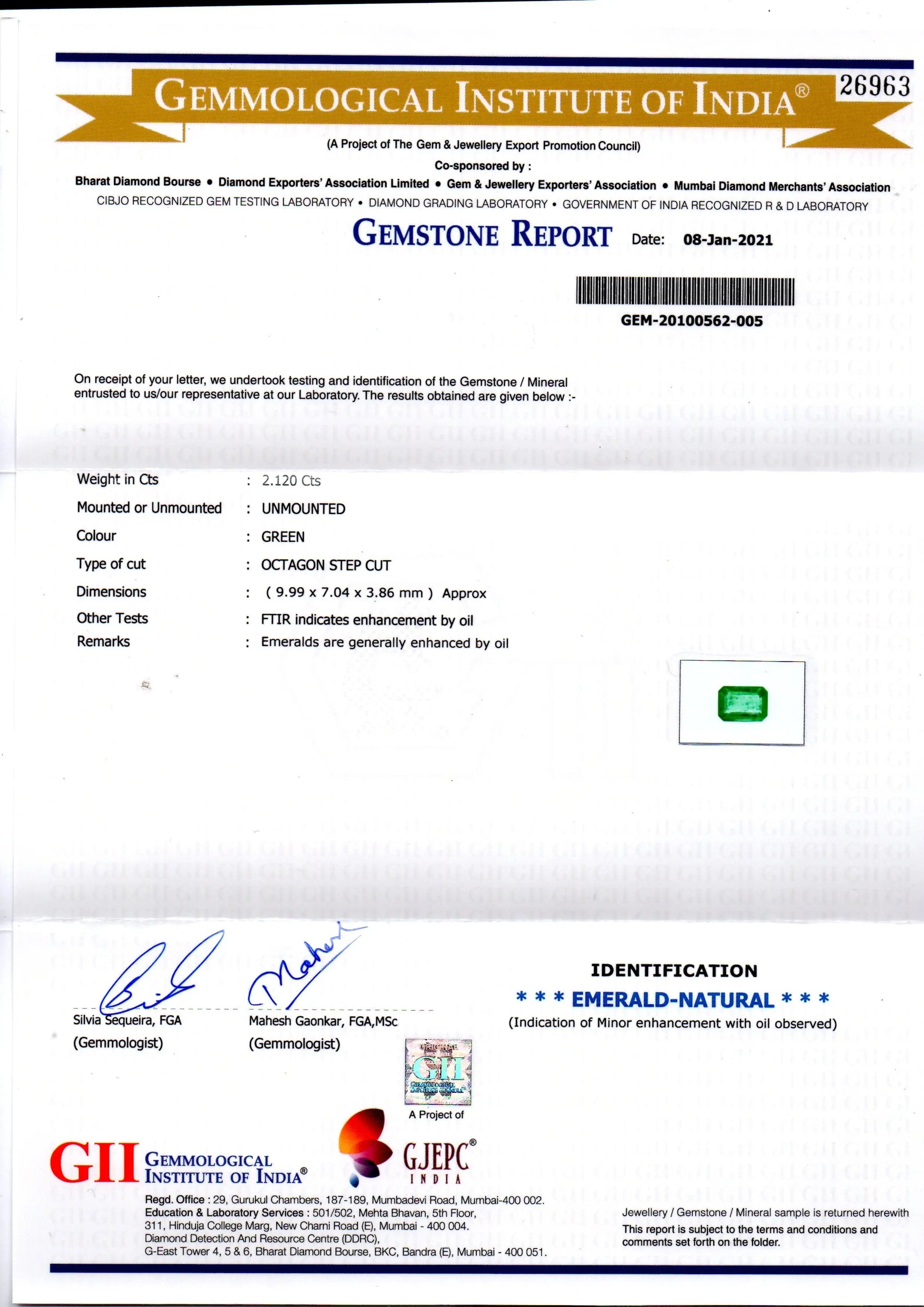 2.12 Ct Certified Untreated Natural Zambian Emerald Gems AAA