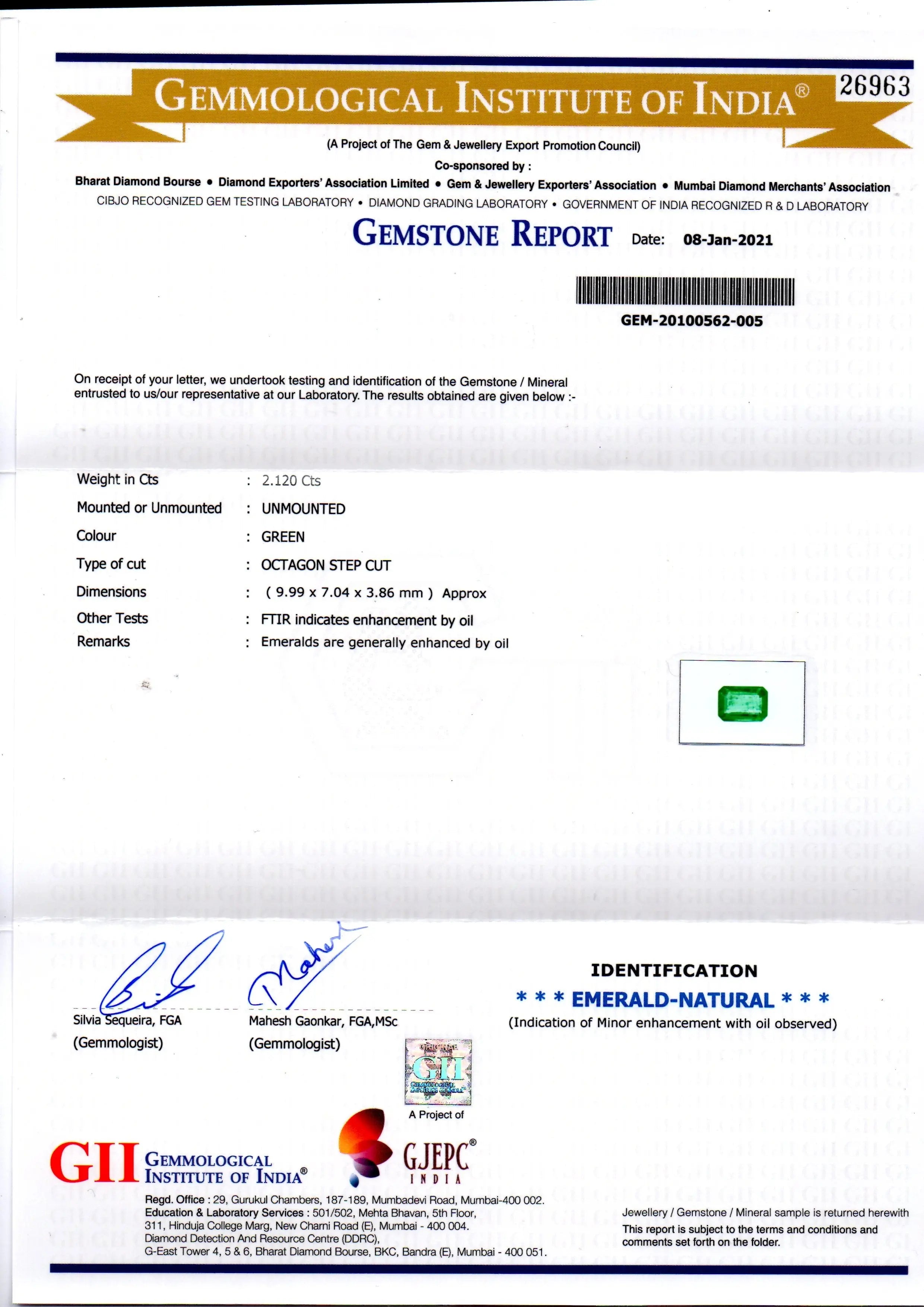 2.12 Ct Certified Untreated Natural Zambian Emerald Gems AAA