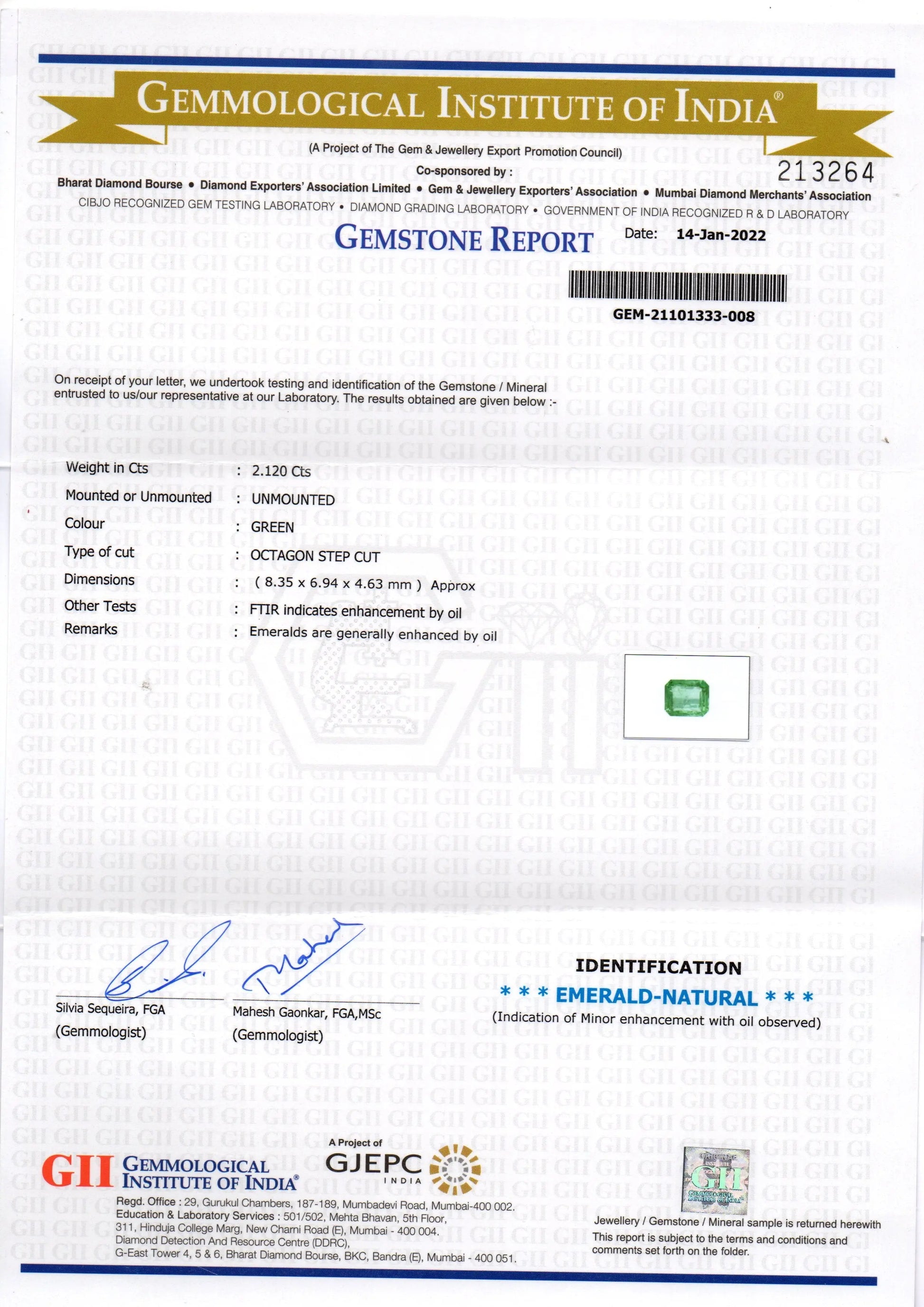 2.12 Ct GII Certified Untreated Natural Zambian Emerald Gemstone