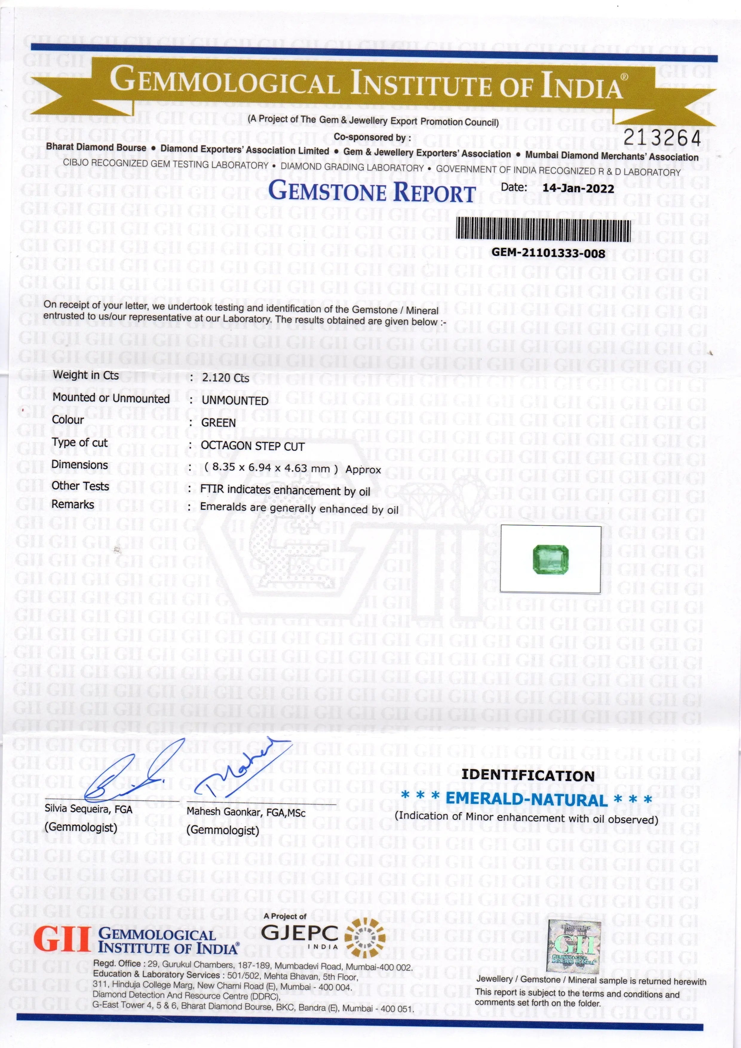 2.12 Ct GII Certified Untreated Natural Zambian Emerald Gemstone