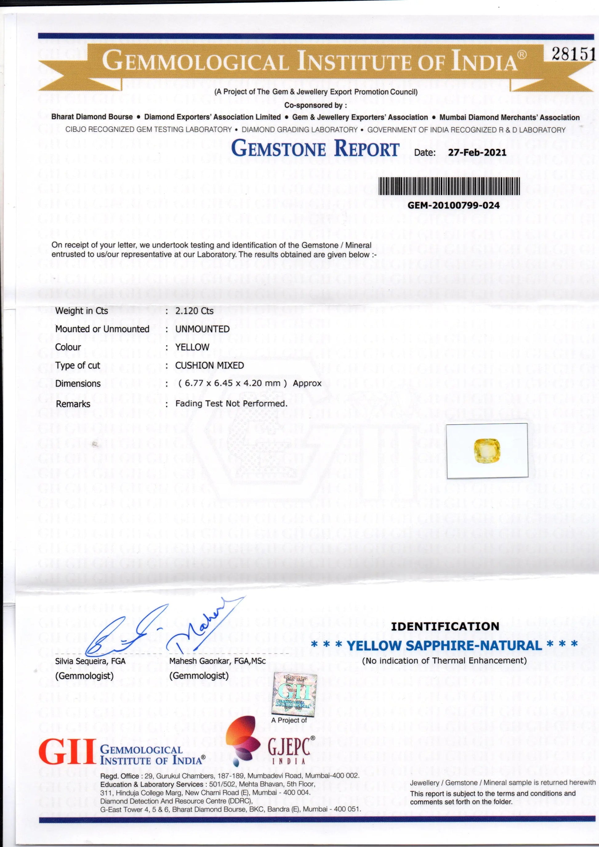 2.12 Ct Gii Certified Unheated Untreated Natural Ceylon Yellow Sapphire AAA
