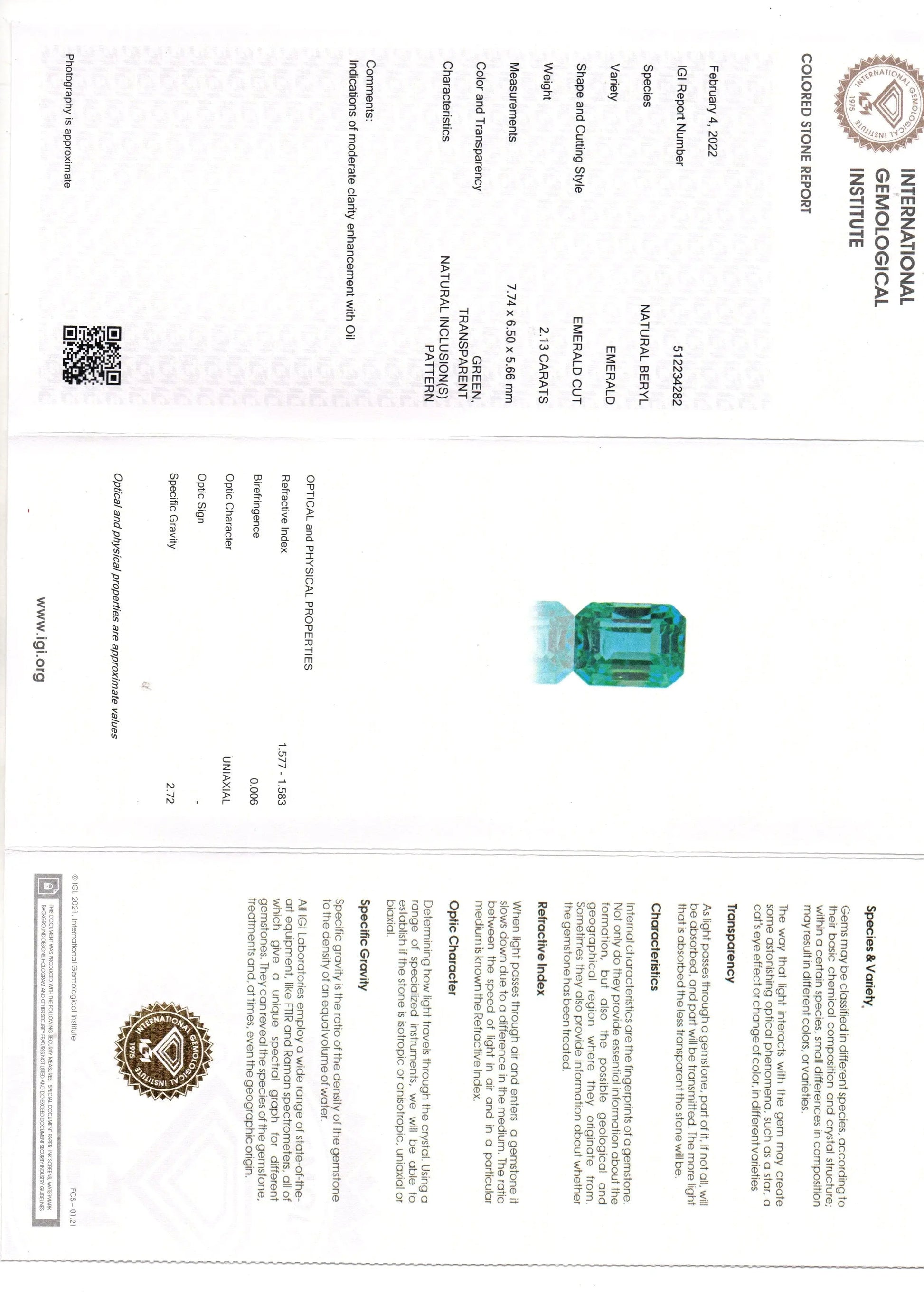 2.13 Ct IGI Certified Untreated Natural Zambian Emerald Gemstone AAA