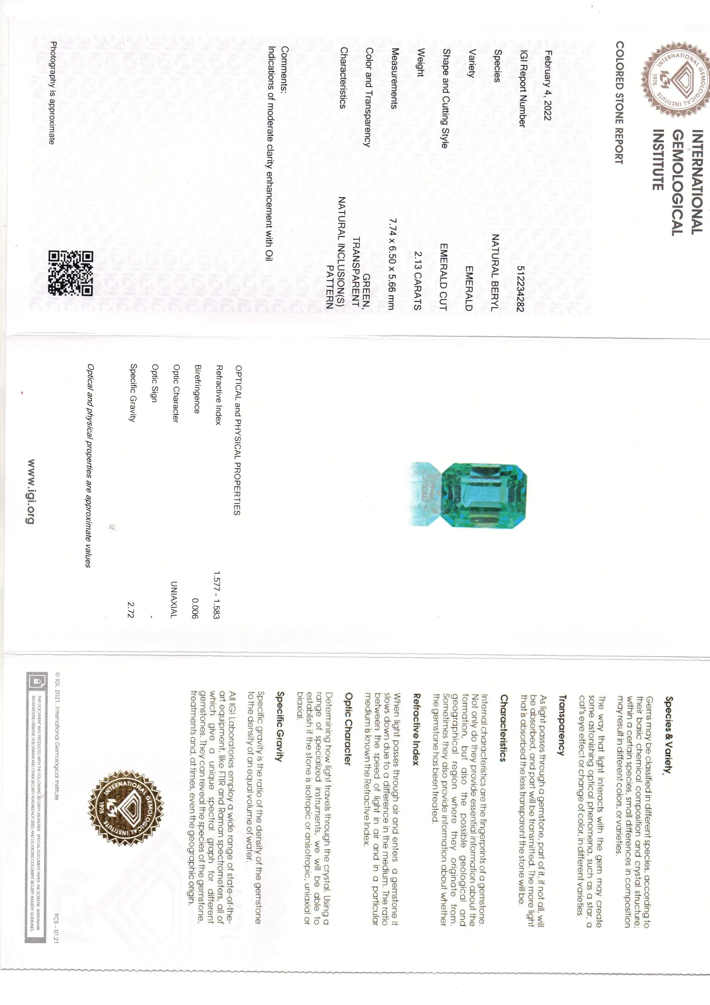 2.13 Ct IGI Certified Untreated Natural Zambian Emerald Gemstone AAA