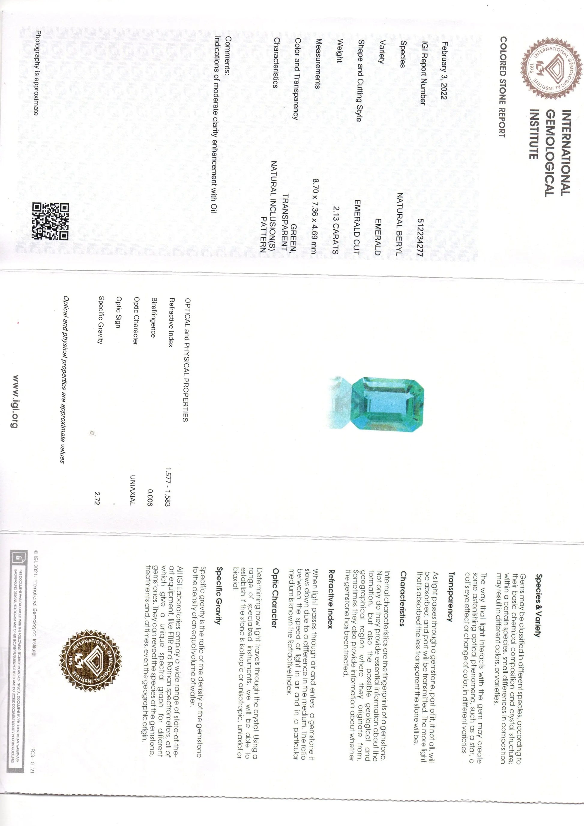 2.13 Ct IGI Certified Untreated Natural Zambian Emerald Gemstone AAA