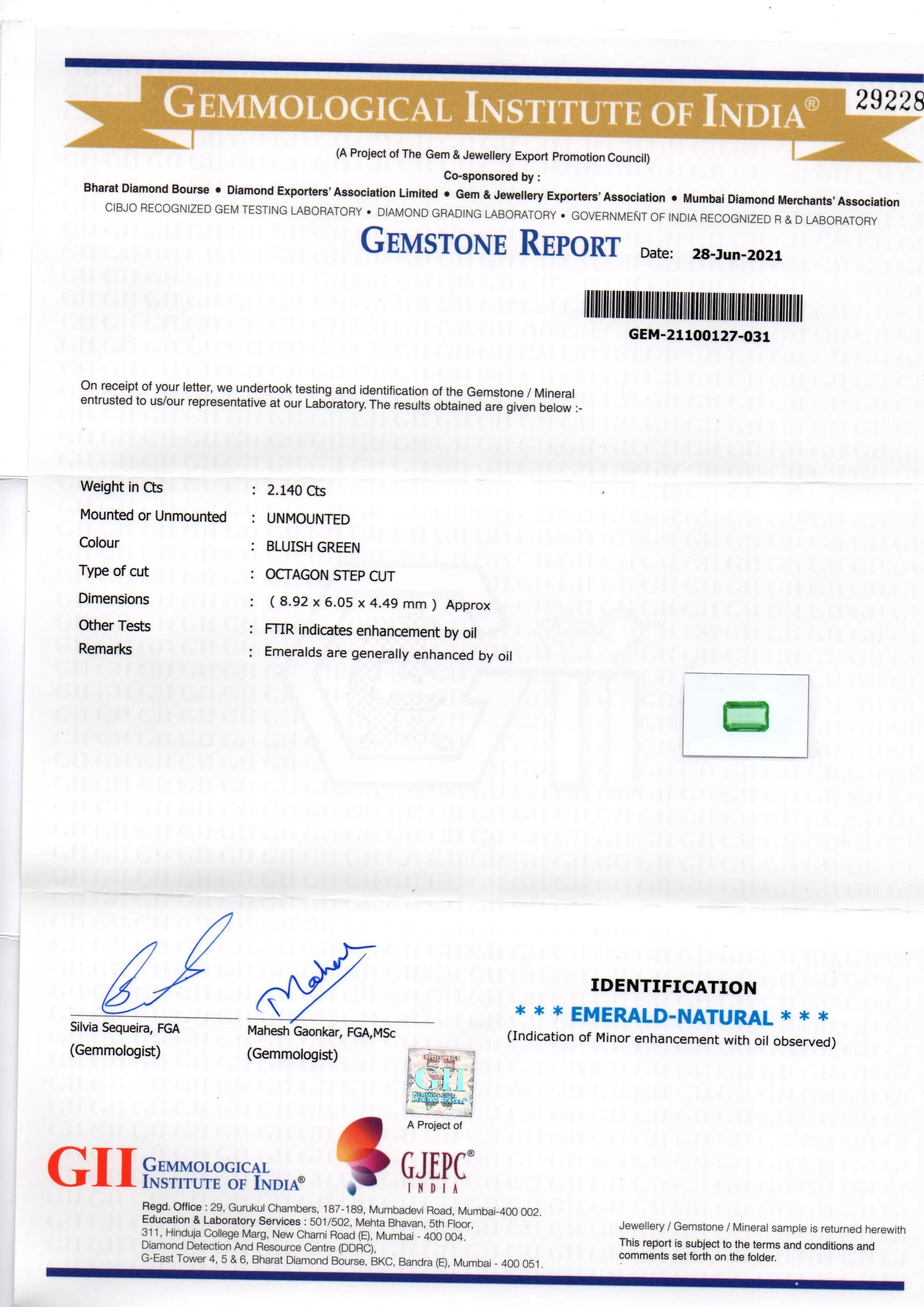 2.14 Ct GII Certified Untreated Natural Zambian Emerald Gemstone AAAAA