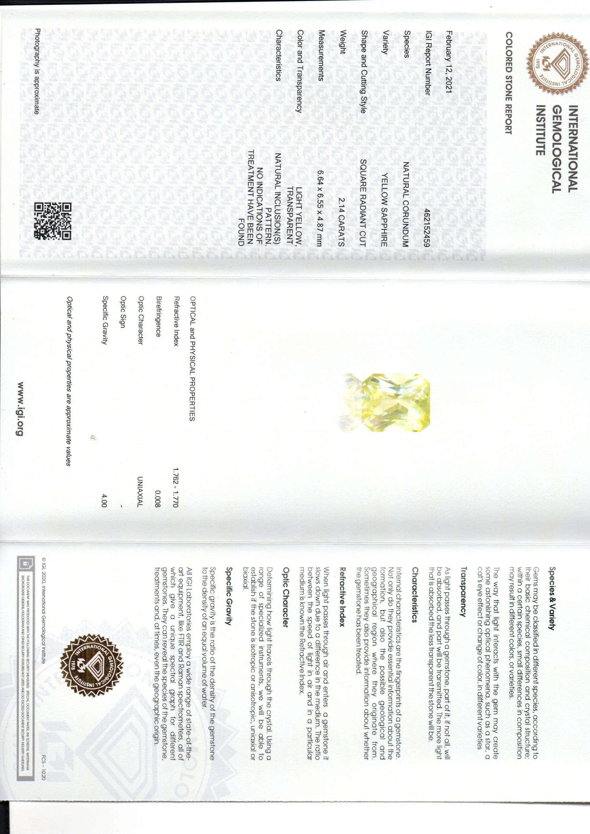 2.14 Ct IGI Certified Unheated Untreated Natural Ceylon Yellow Sapphire
