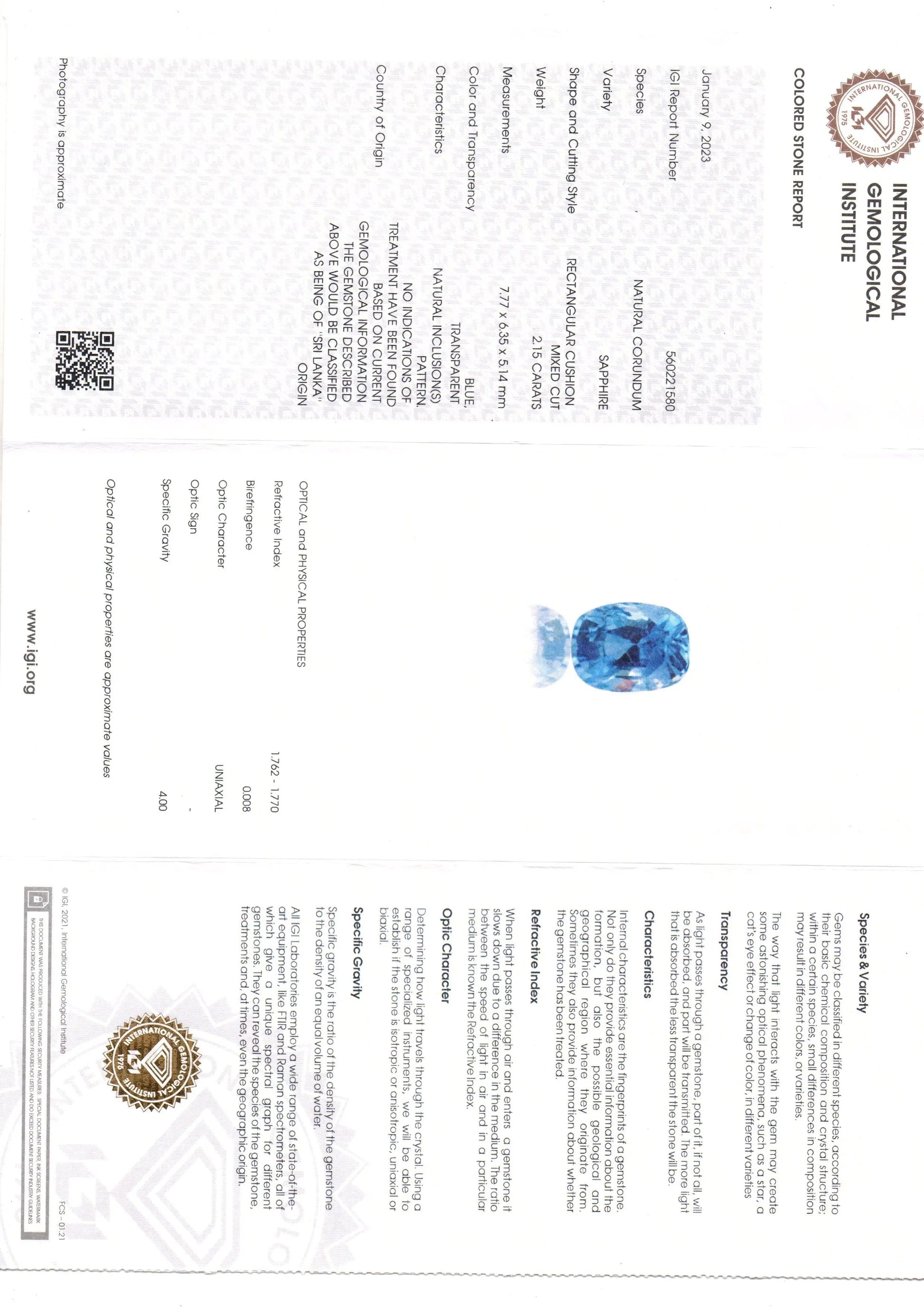 2.15 Ct IGI Certified Unheaated Untreated Natural Ceylon Blue Sapphire AA