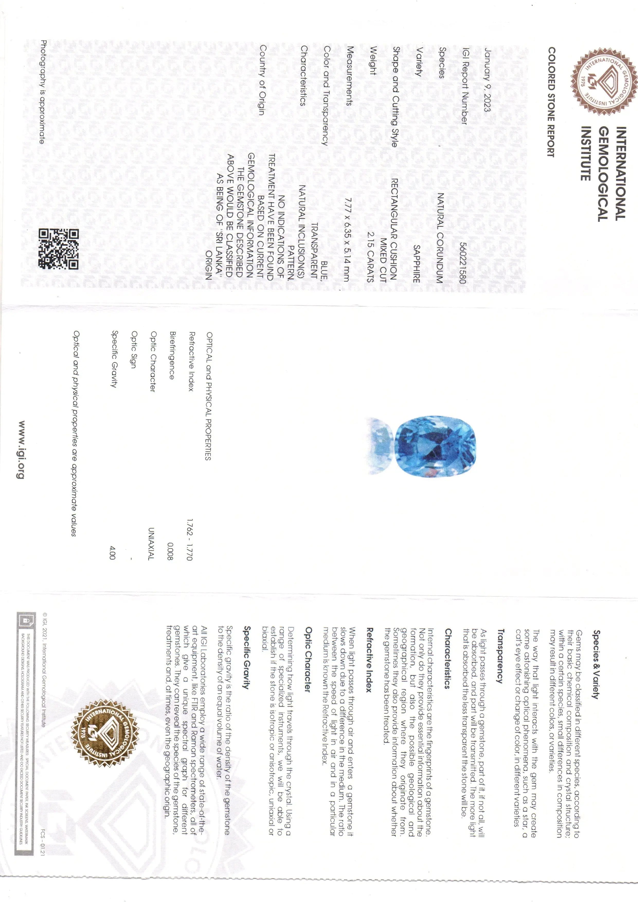 2.15 Ct IGI Certified Unheaated Untreated Natural Ceylon Blue Sapphire AA