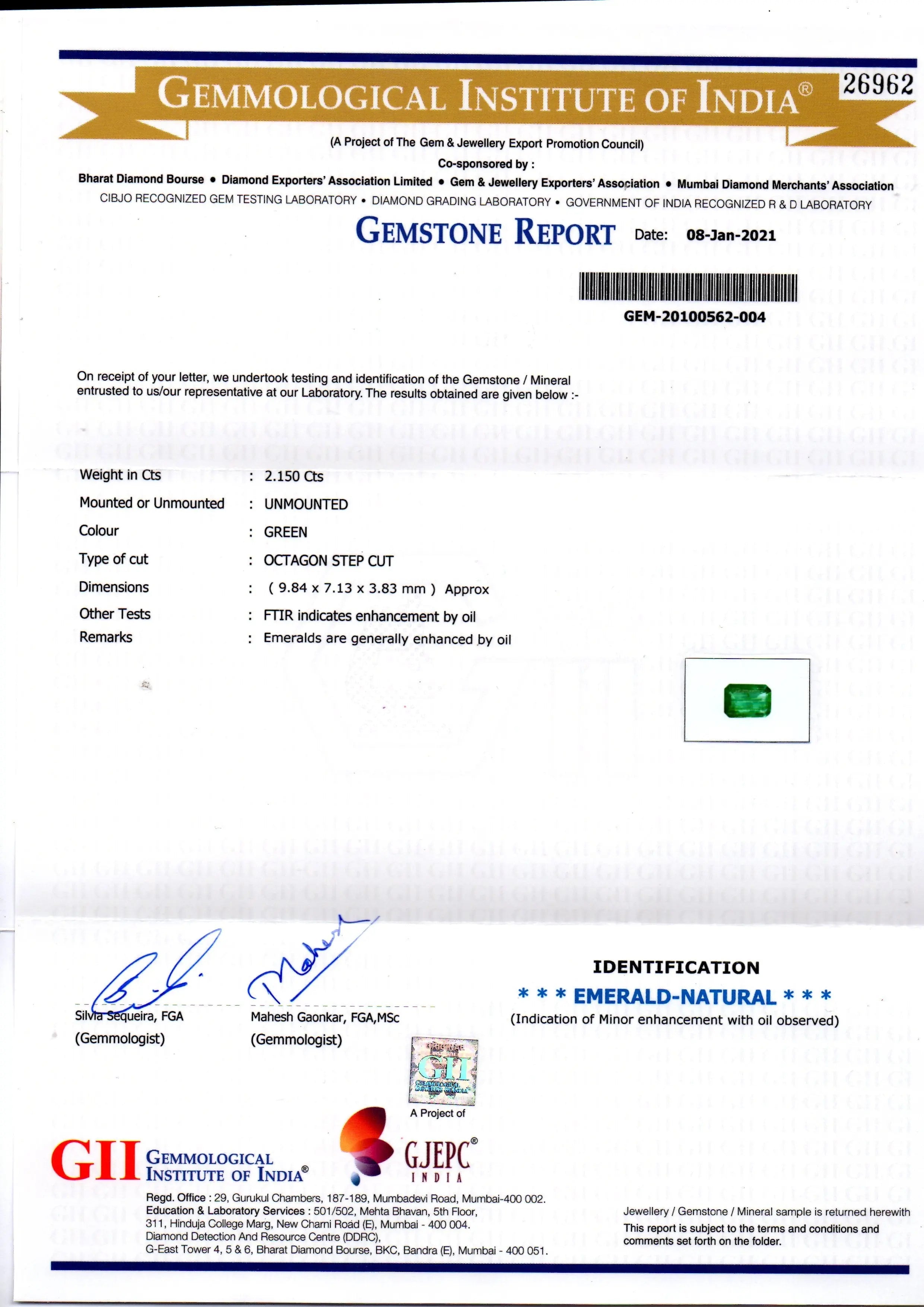 2.15 Ct Certified Untreated Natural Zambian Emerald Gems AAA