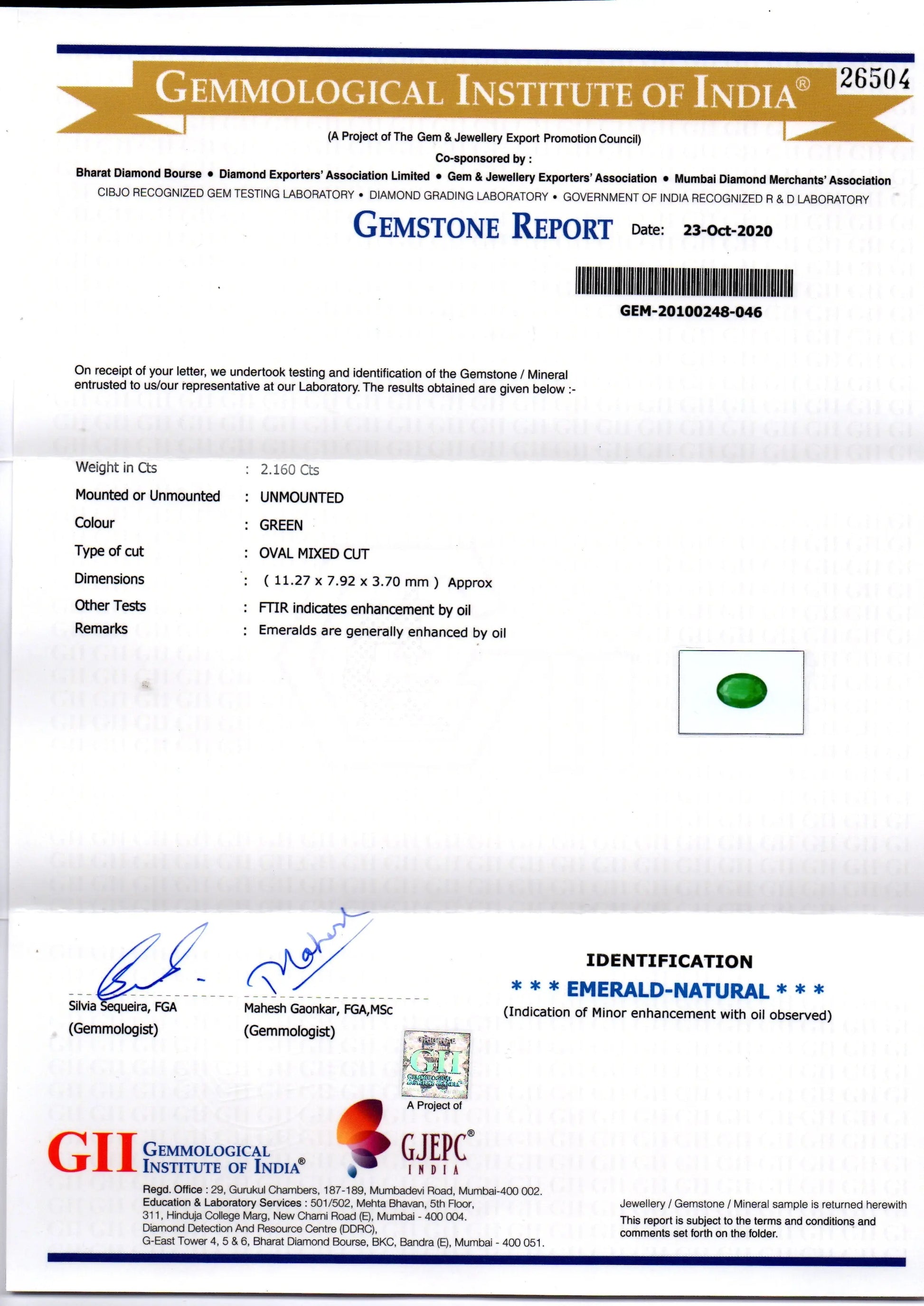 2.16 Ct GII Certified Untreated Natural Zambian Emerald Gems AA