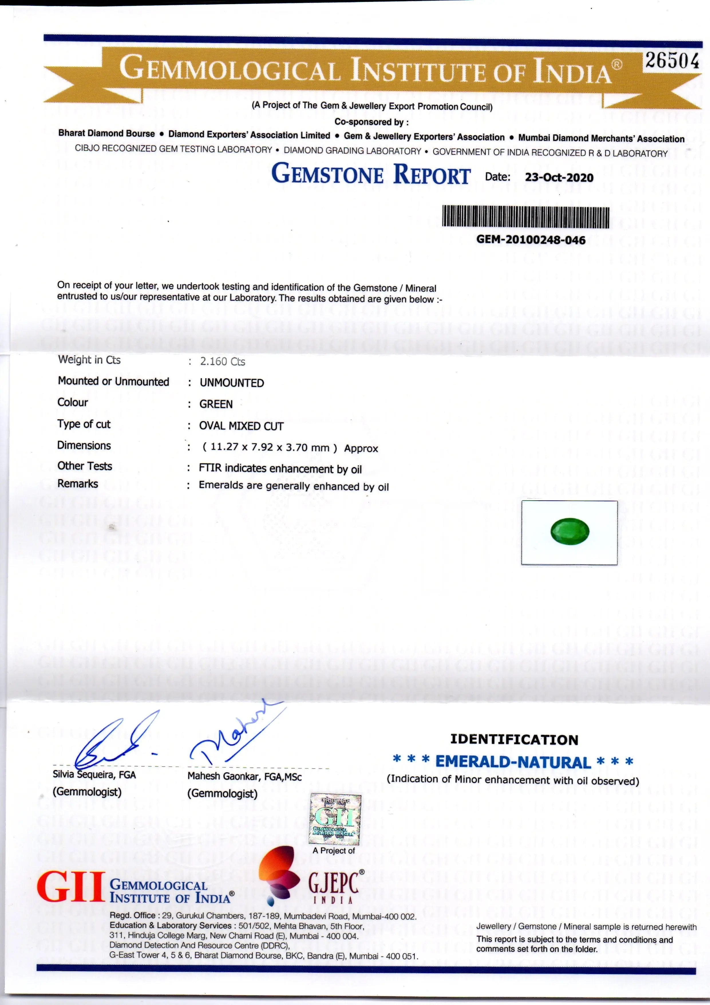 2.16 Ct GII Certified Untreated Natural Zambian Emerald Gems AA