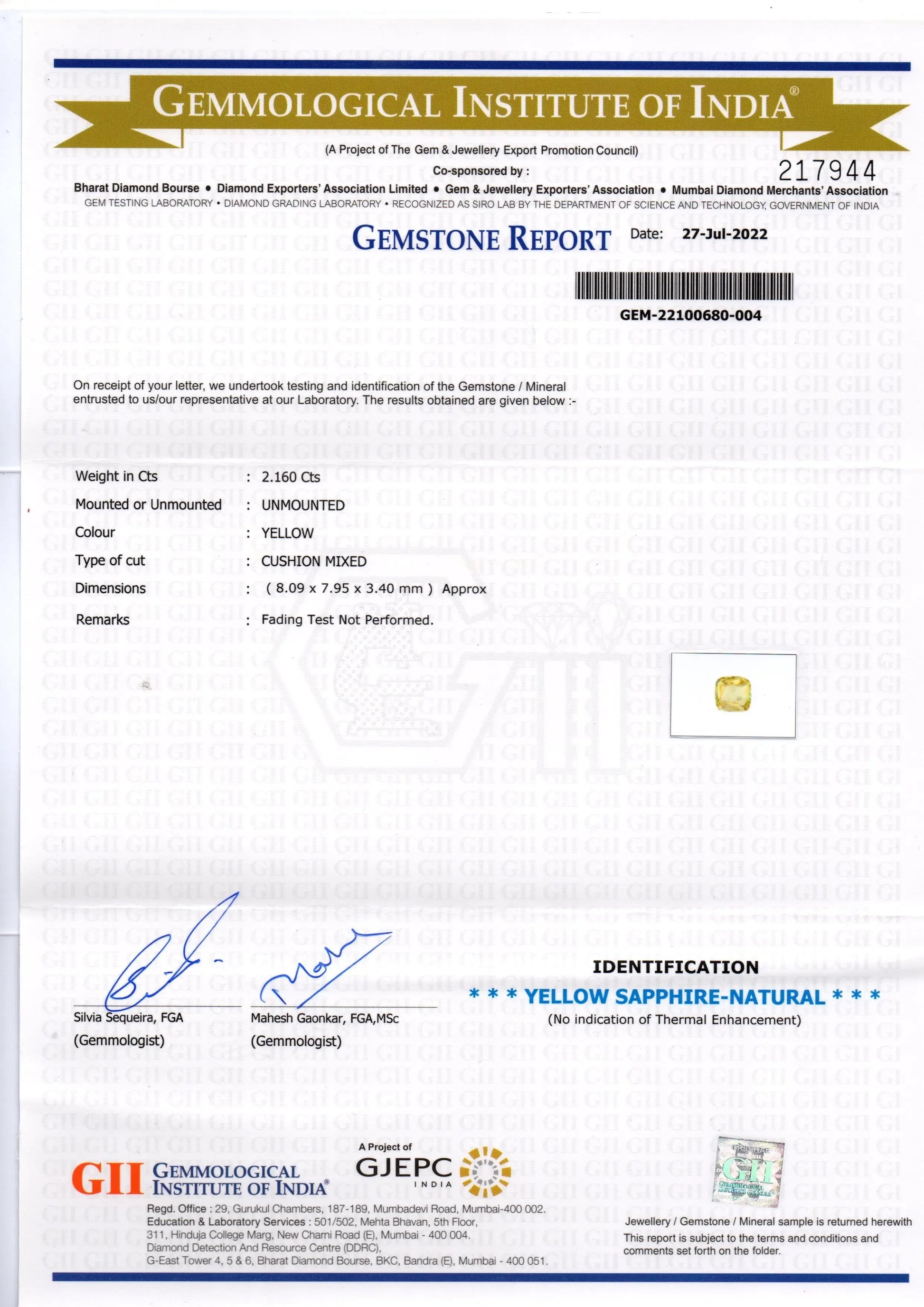 2.16 Ct GII Certified Unheated Untreated Natural Ceylon Yellow Sapphire - Venus Gems
