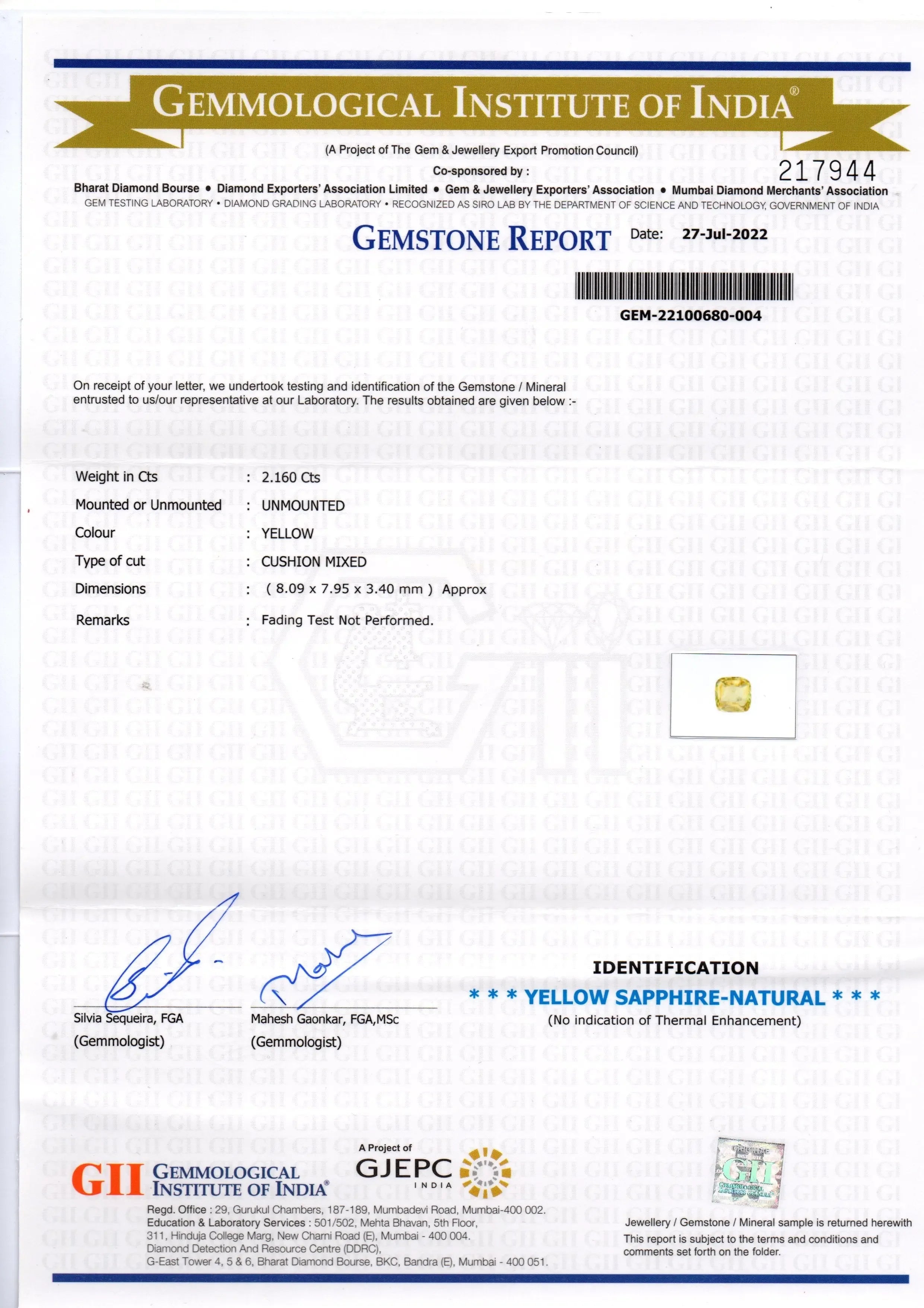 2.16 Ct GII Certified Unheated Untreated Natural Ceylon Yellow Sapphire - Venus Gems