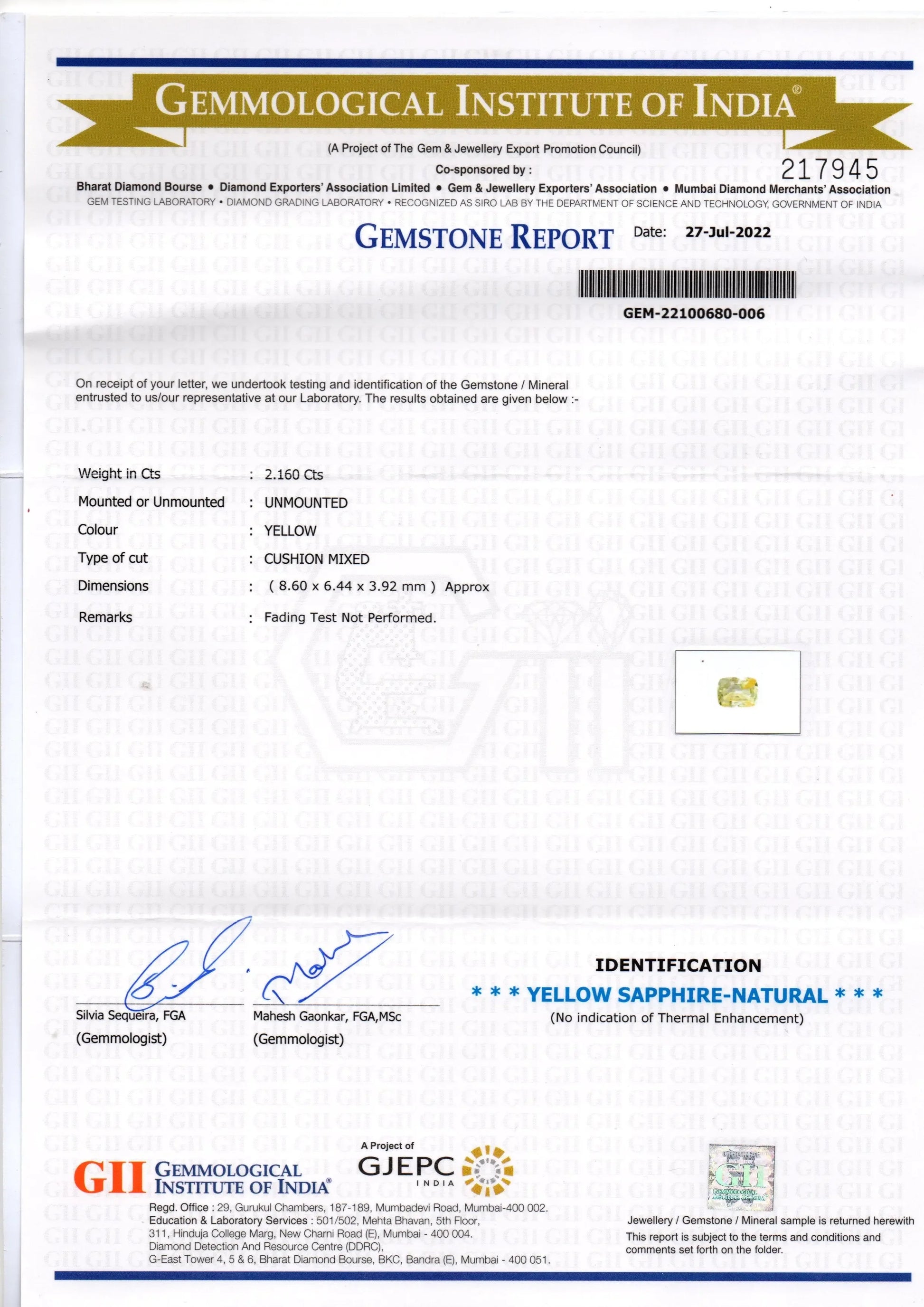2.16 Ct GII Certified Unheated Untreated Natural Ceylon Yellow Sapphire - Venus Gems