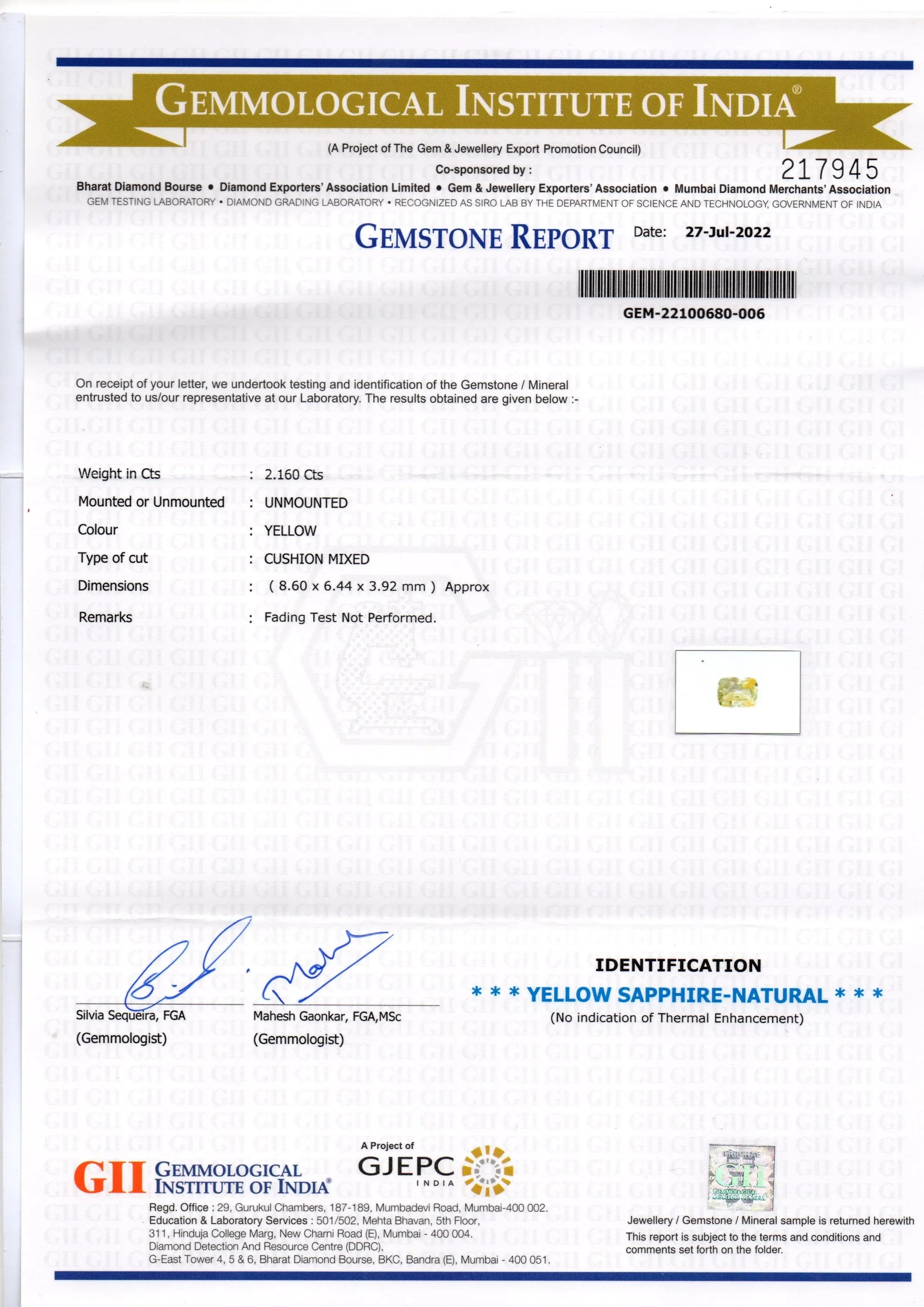 2.16 Ct GII Certified Unheated Untreated Natural Ceylon Yellow Sapphire - Venus Gems