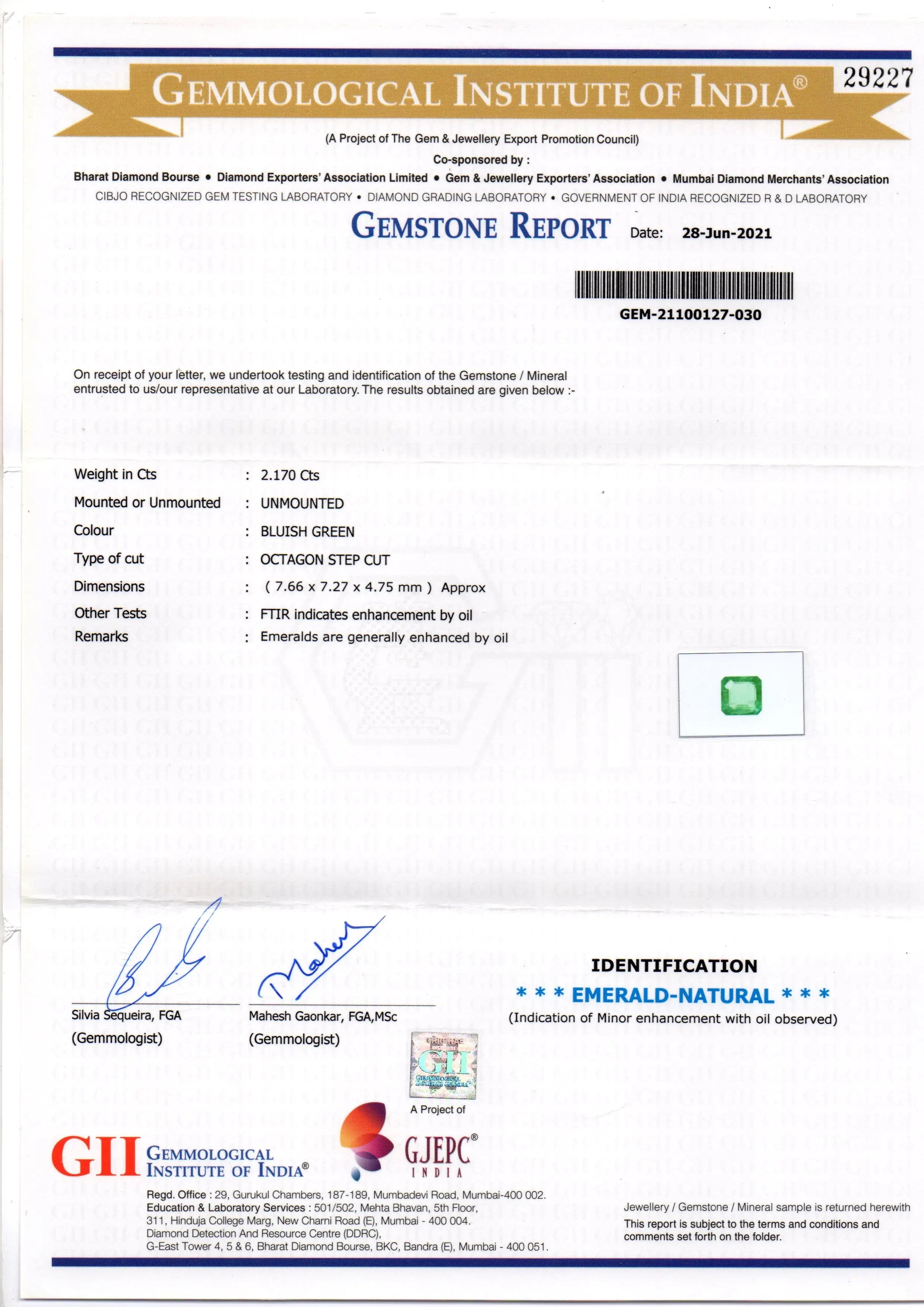 2.17 Ct GII Certified Untreated Natural Zambian Emerald Gemstone AAAAA