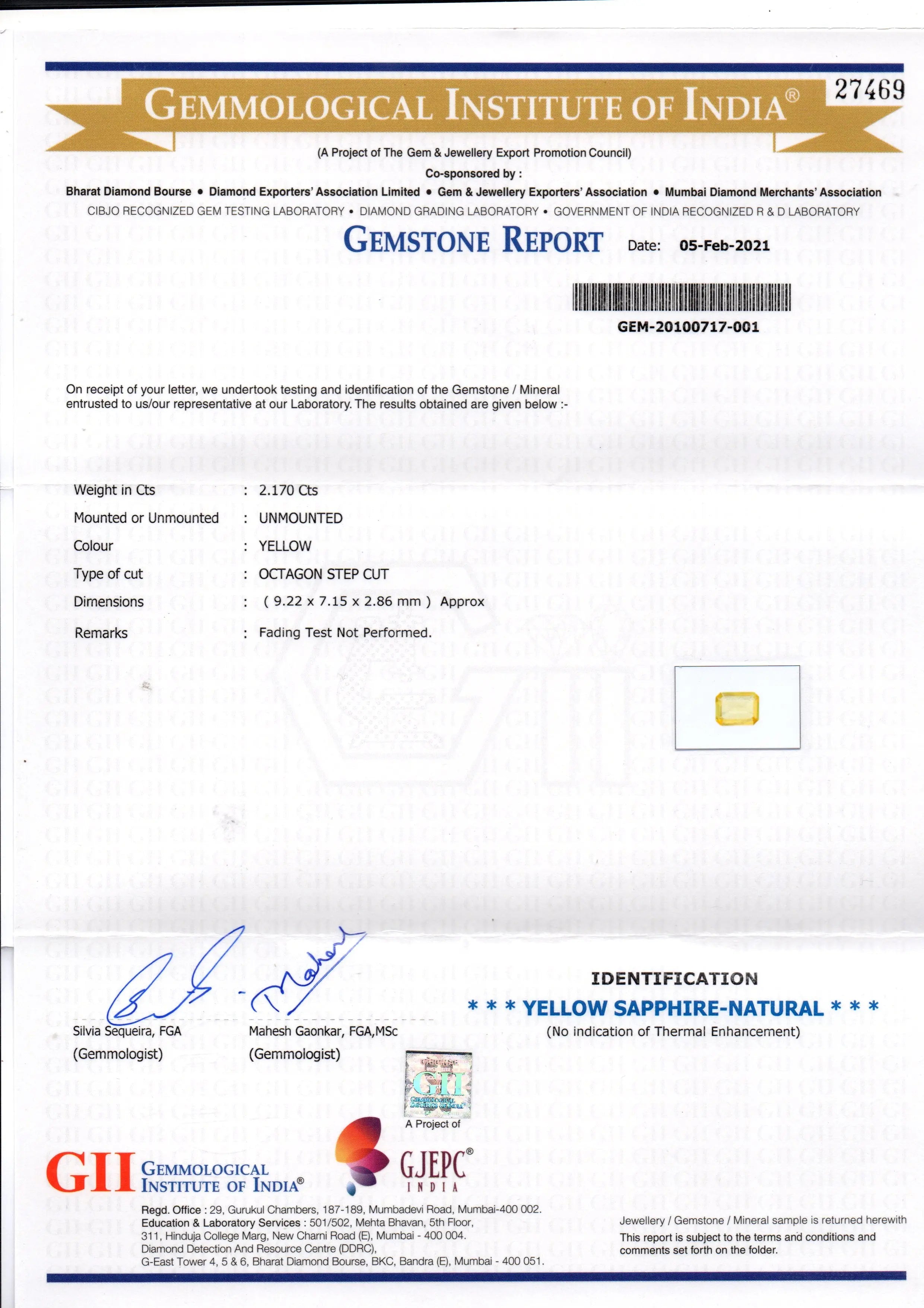2.17 Ct Gii Certified Unheated Untreated Natural Ceylon Yellow Sapphire AAA