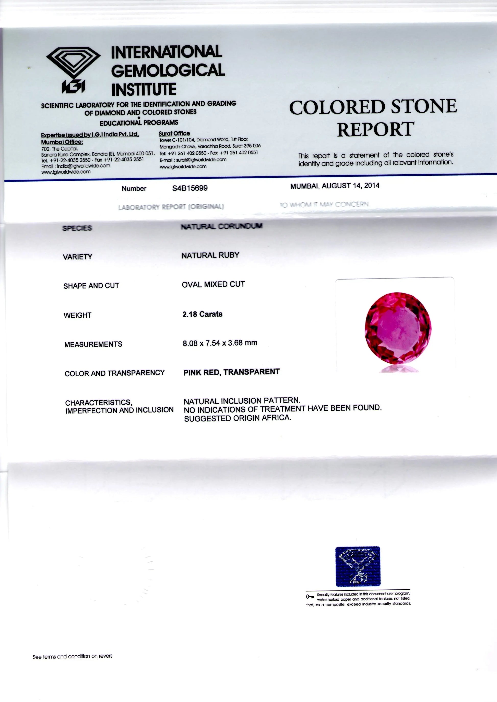 2.18 Ct IGI Certified Unheated Untreated Natural Madagaskar Ruby