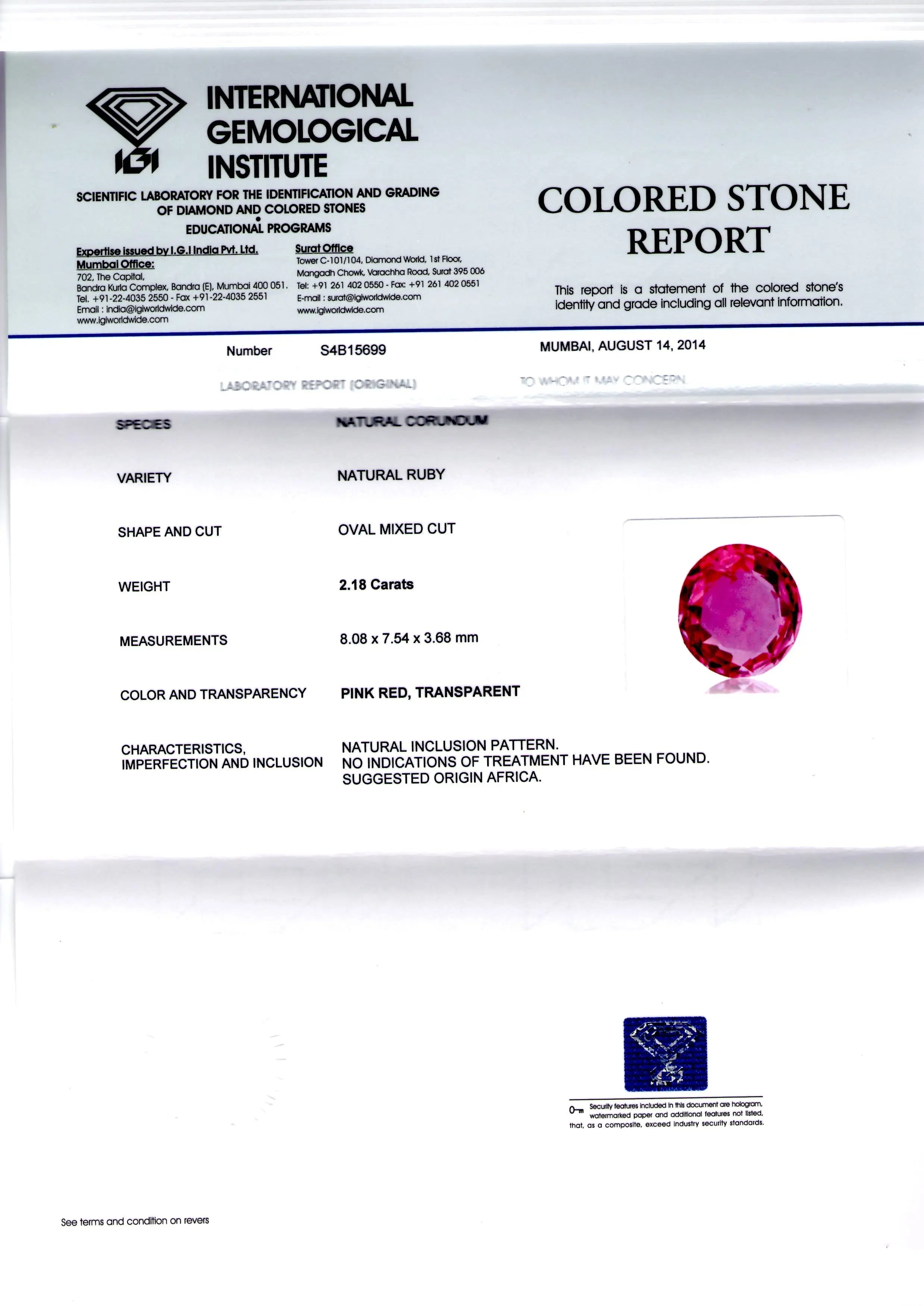 2.18 Ct IGI Certified Unheated Untreated Natural Madagaskar Ruby