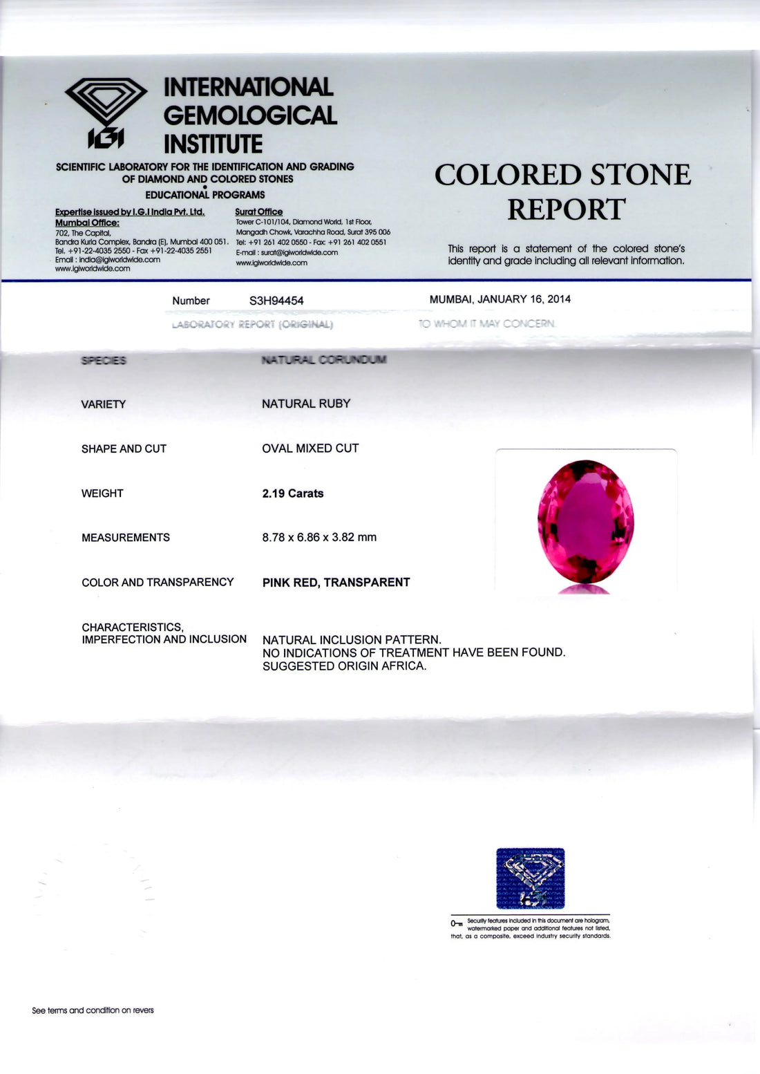 2.19 Ct IGI Certified Unheated Untreated Natural Pinkish Ruby **RARE**