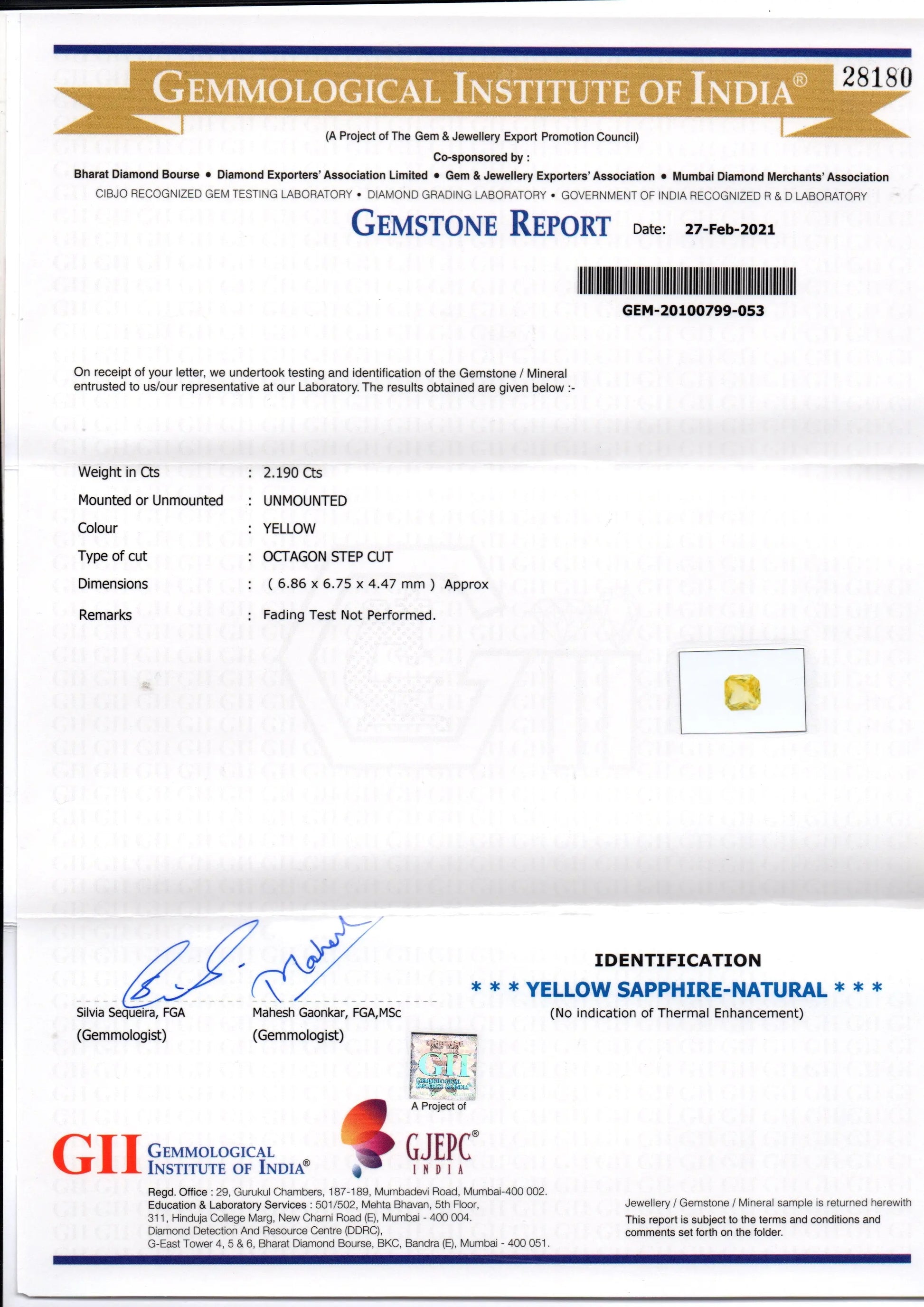 2.19 Ct Gii Certified Unheated Untreated Natural Ceylon Yellow Sapphire AAA