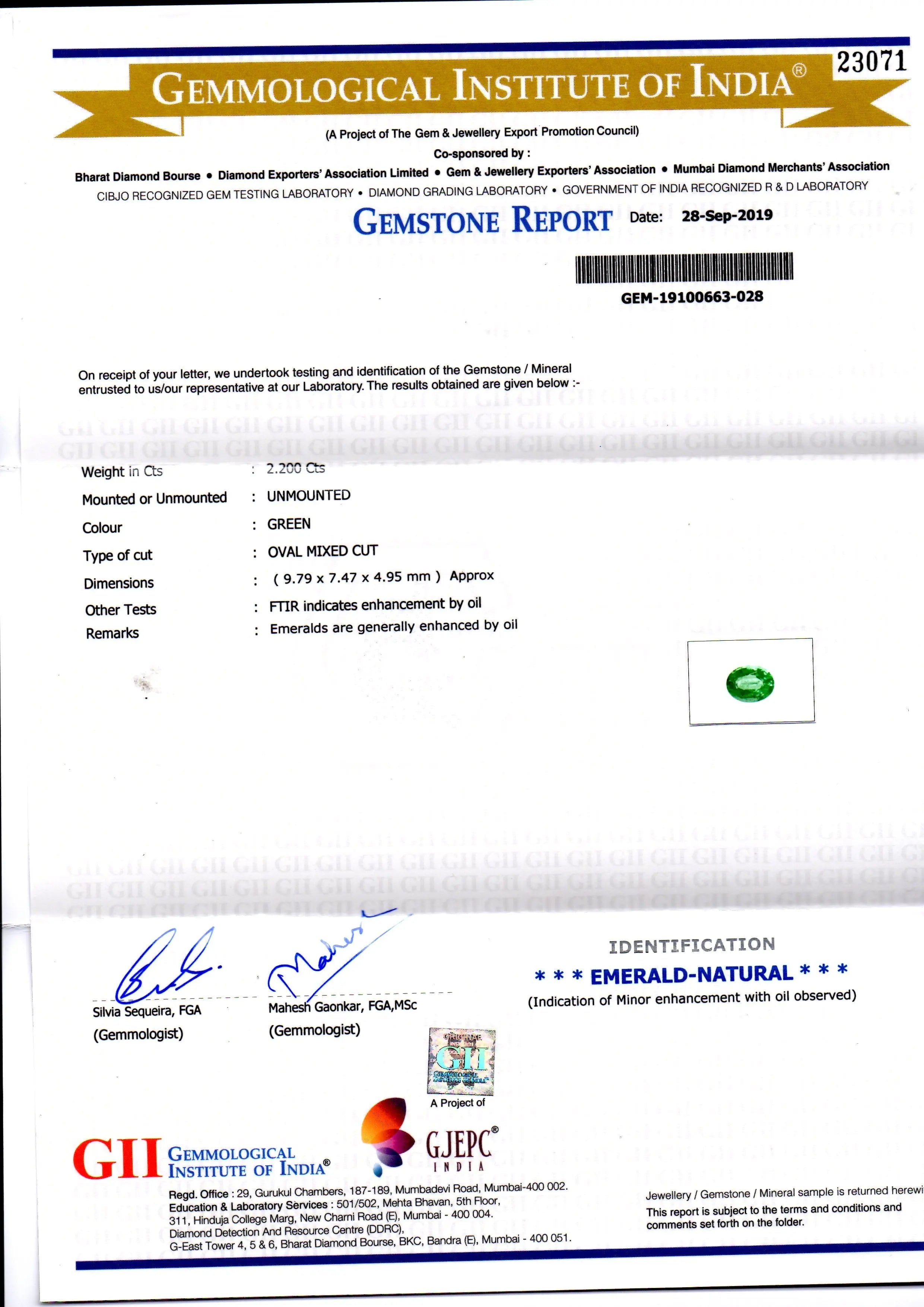 2.20 Ct GII Certified Untreated Natural Zambian Emerald Gemstone AA