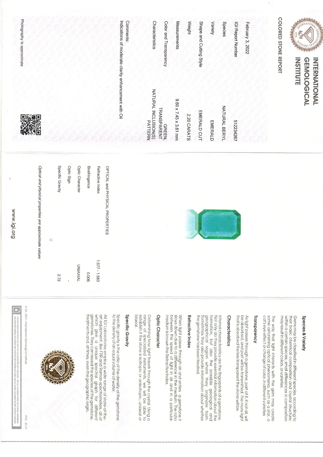 2.20 Ct IGI Certified Untreated Natural Zambian Emerald Gemstone AAA