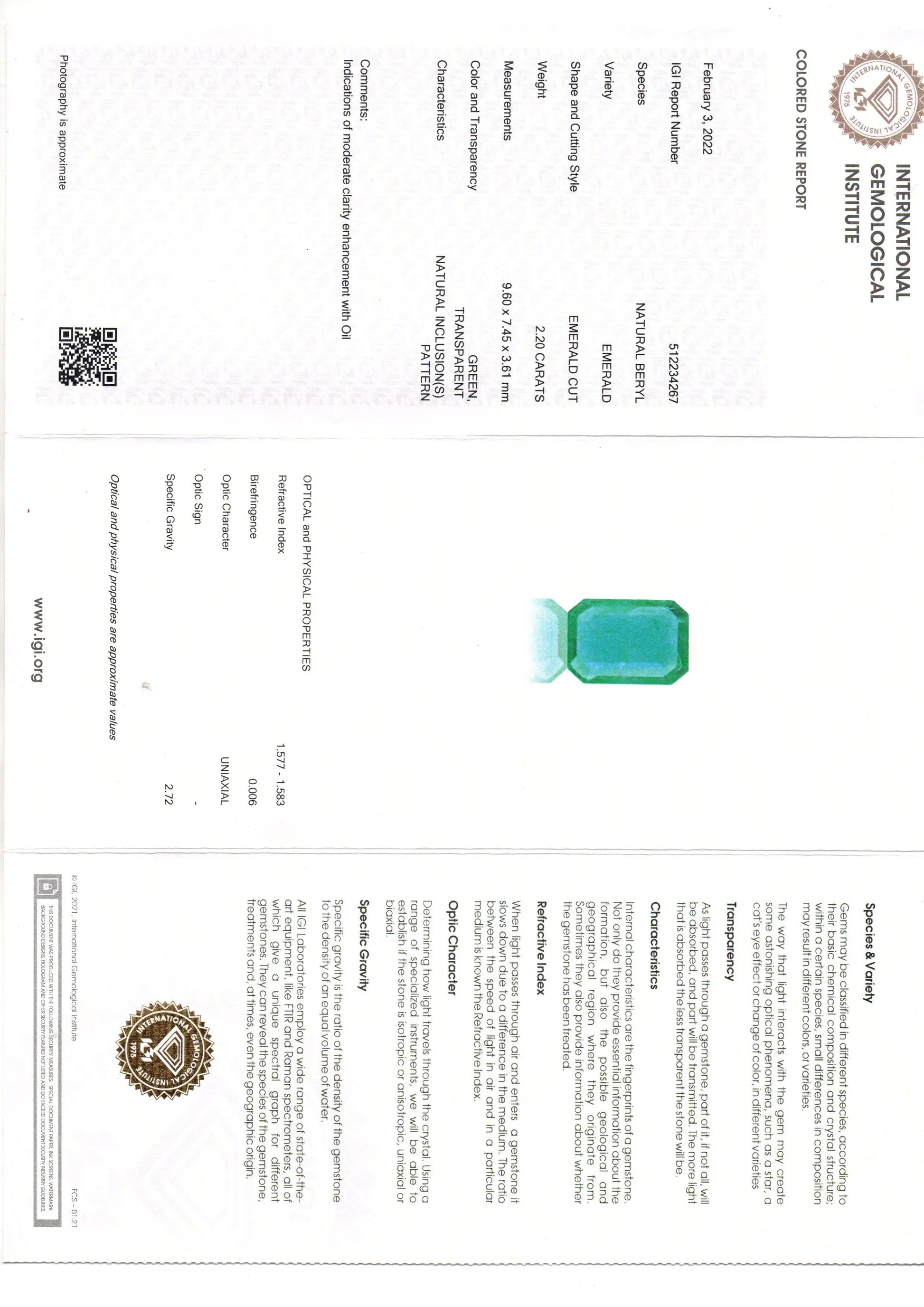 2.20 Ct IGI Certified Untreated Natural Zambian Emerald Gemstone AAA